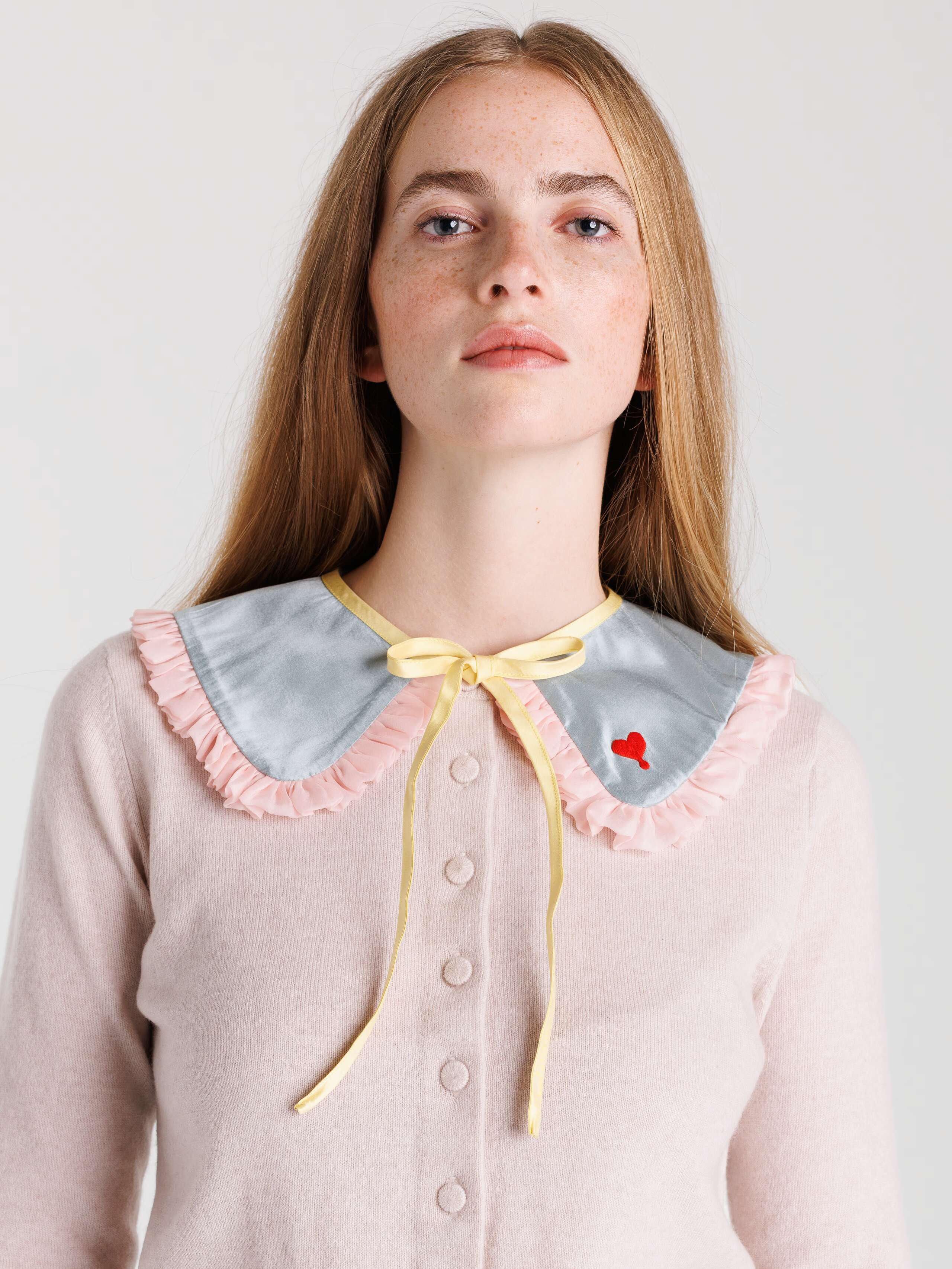 Juliet Collar in dream blue doupion silk with fleur rose frills and yellow tie