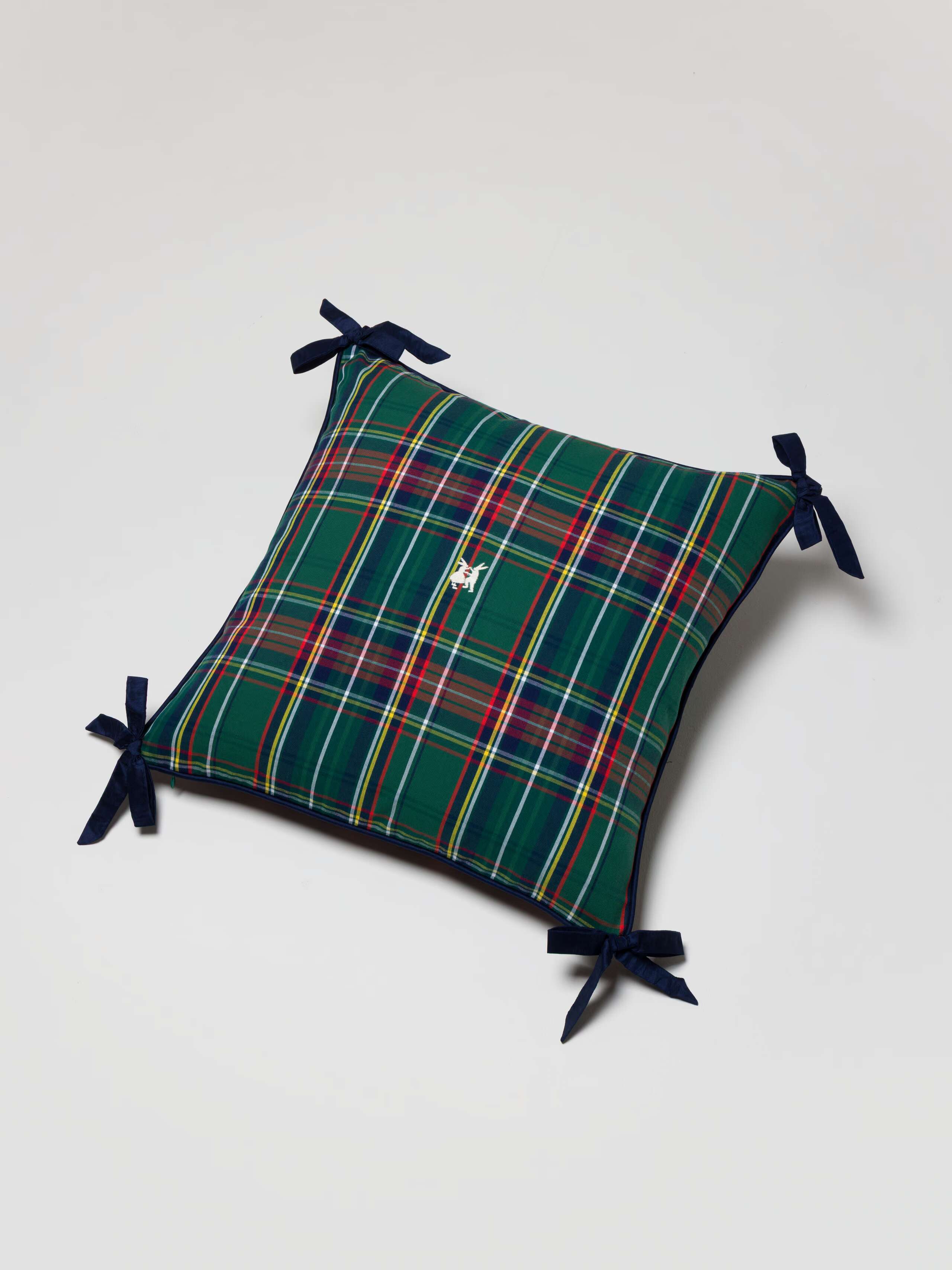 Mila pillow cover in evergreen check with navy ribbons