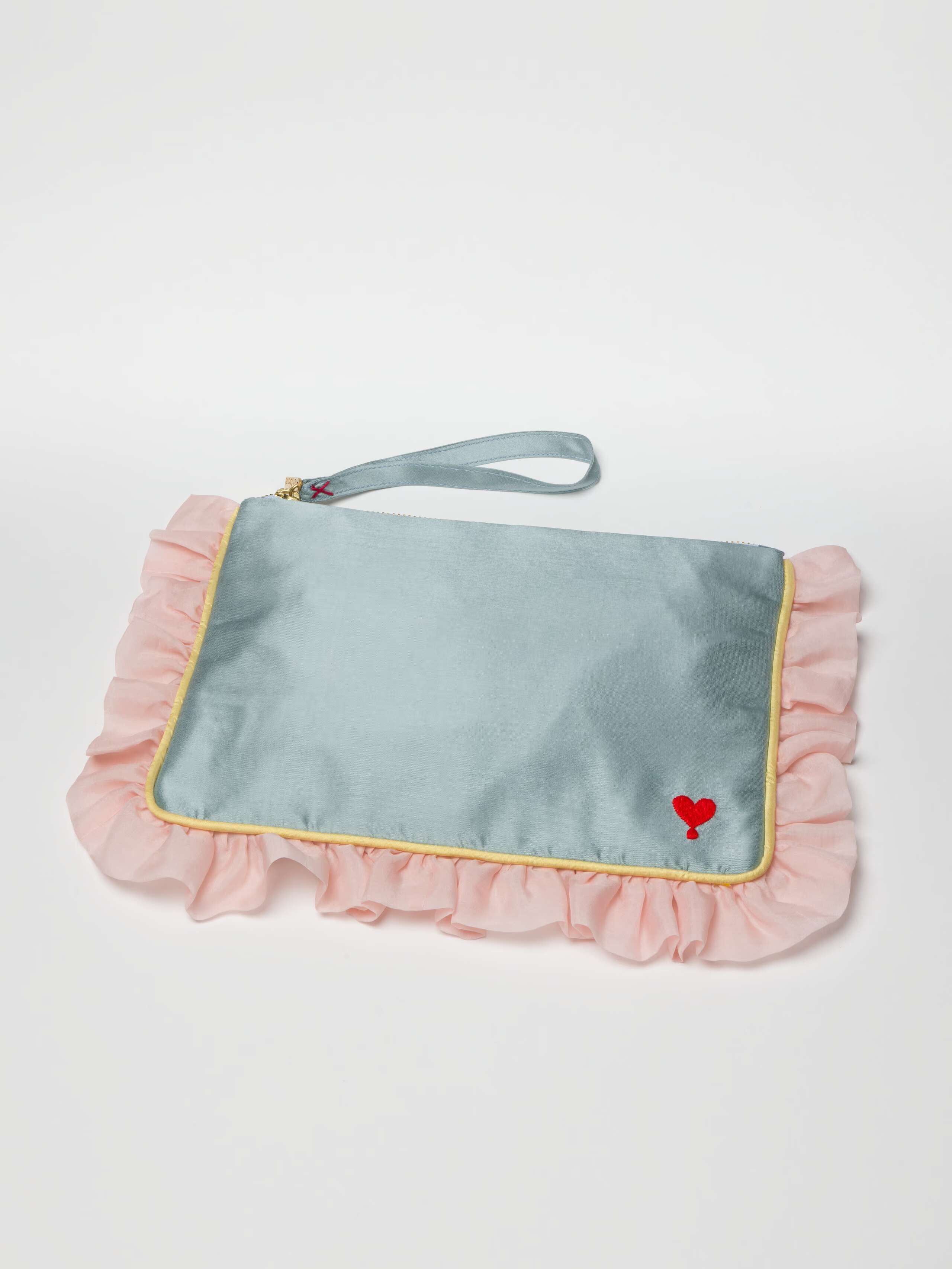 Viola Clutch in Dream Blue Doupion Silk with Fleur rose frill and yellow piping