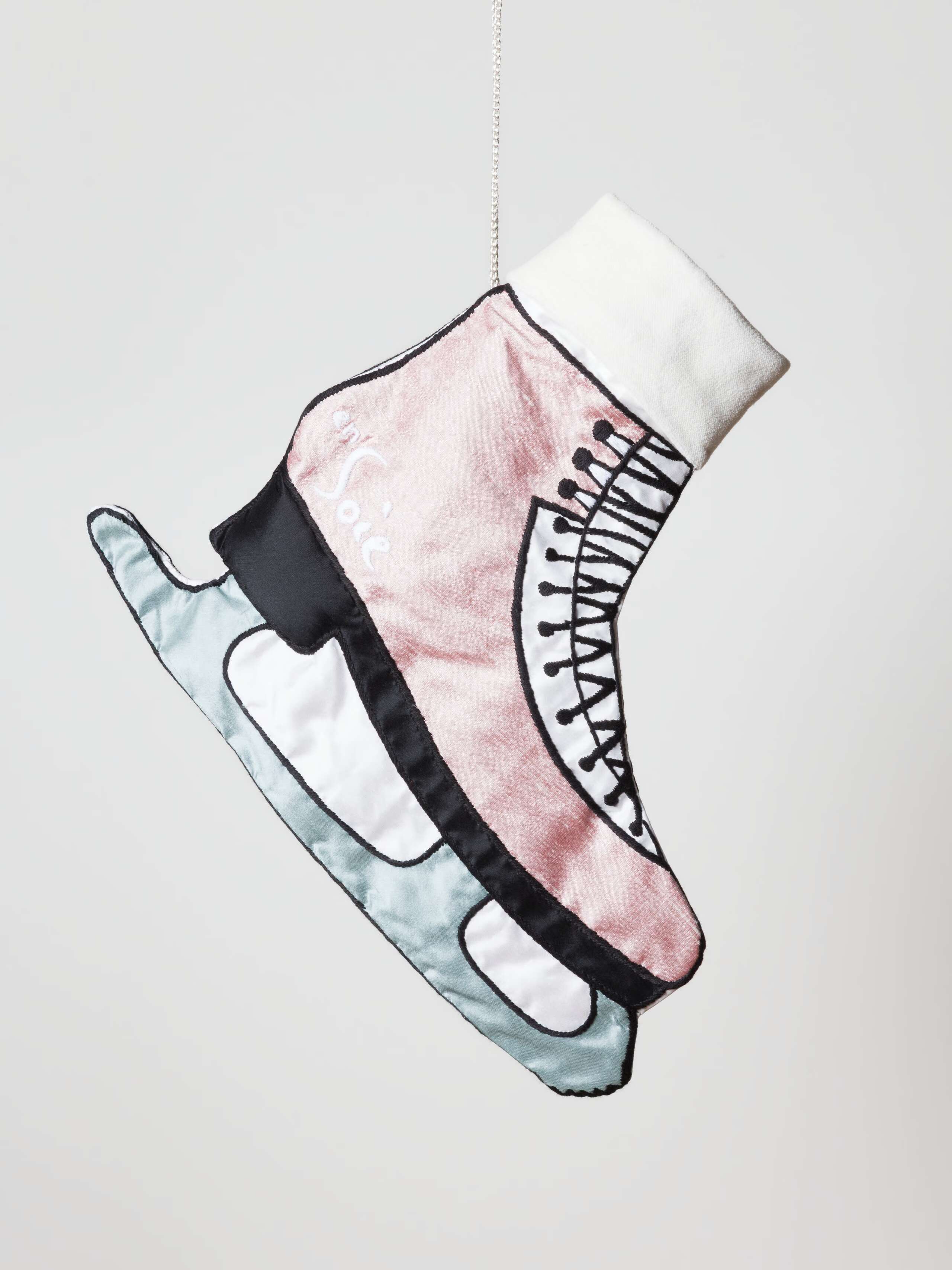 Ice Skate Stocking in Fleur Rose, Dream Blue, Black and White