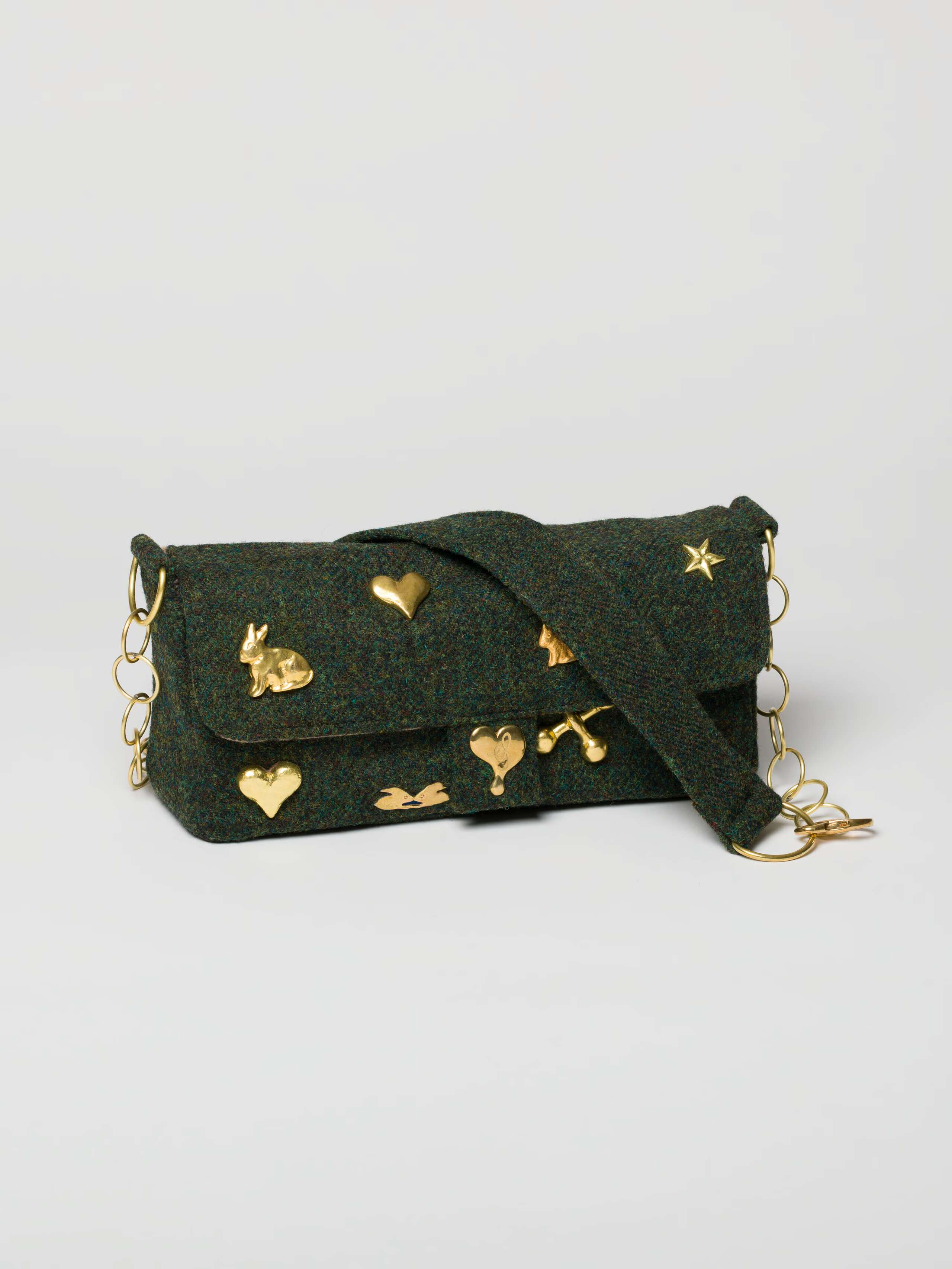 Sheri bag tweed green with brass studs
