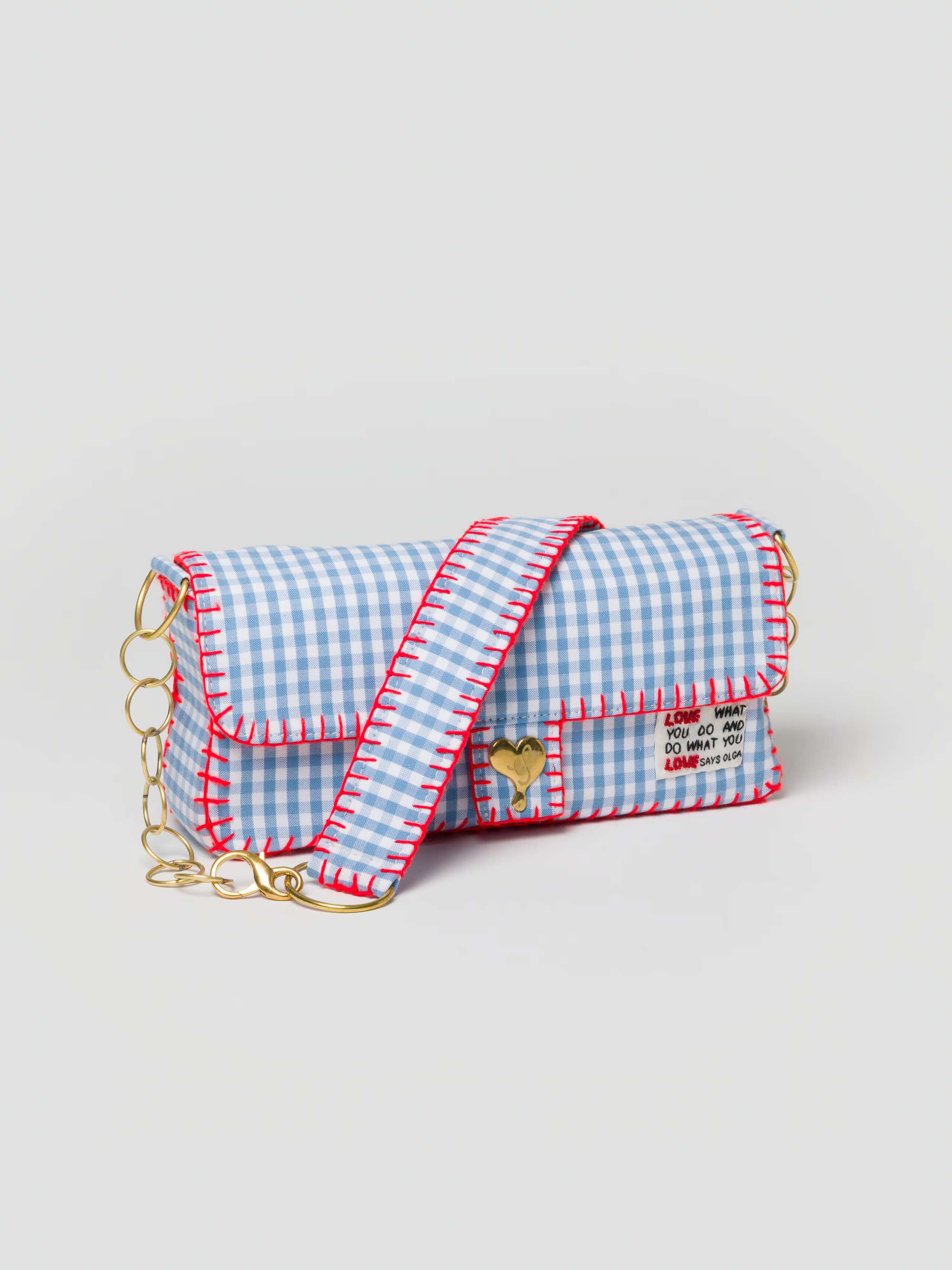 Sheri bag vichy check cerulean blue with red crochet