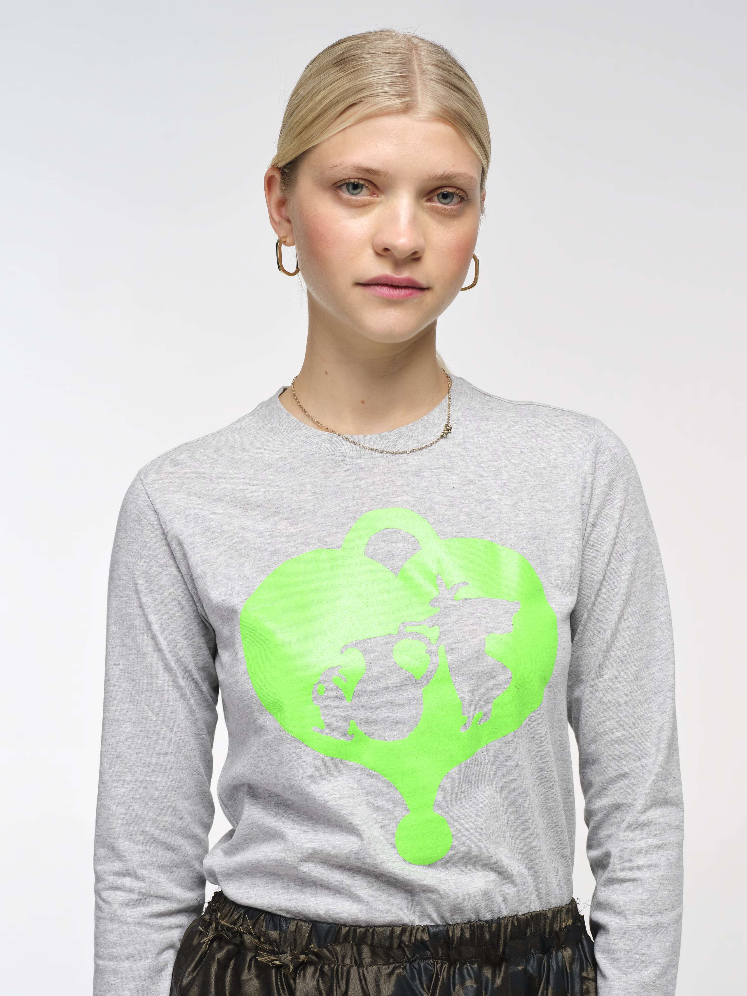 Detail Front Shot of Model Wearing Grey APOH Longsleeve with Green Printed Classic Logo Bunny Pot Logo  