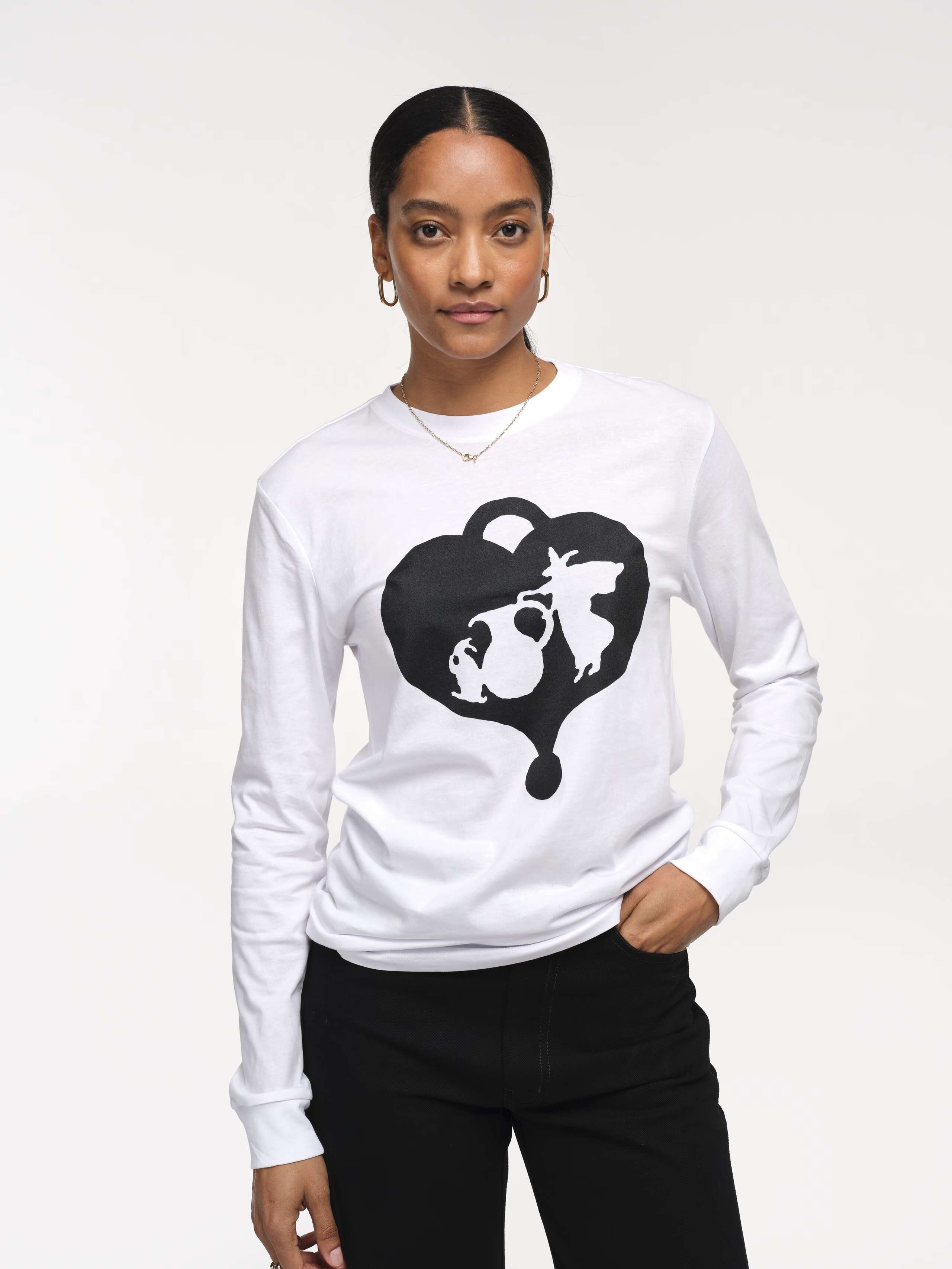 Detail Front Shot of Model Wearing White APOH Longsleeve with Black Printed Classic Logo Bunny Pot Logo  