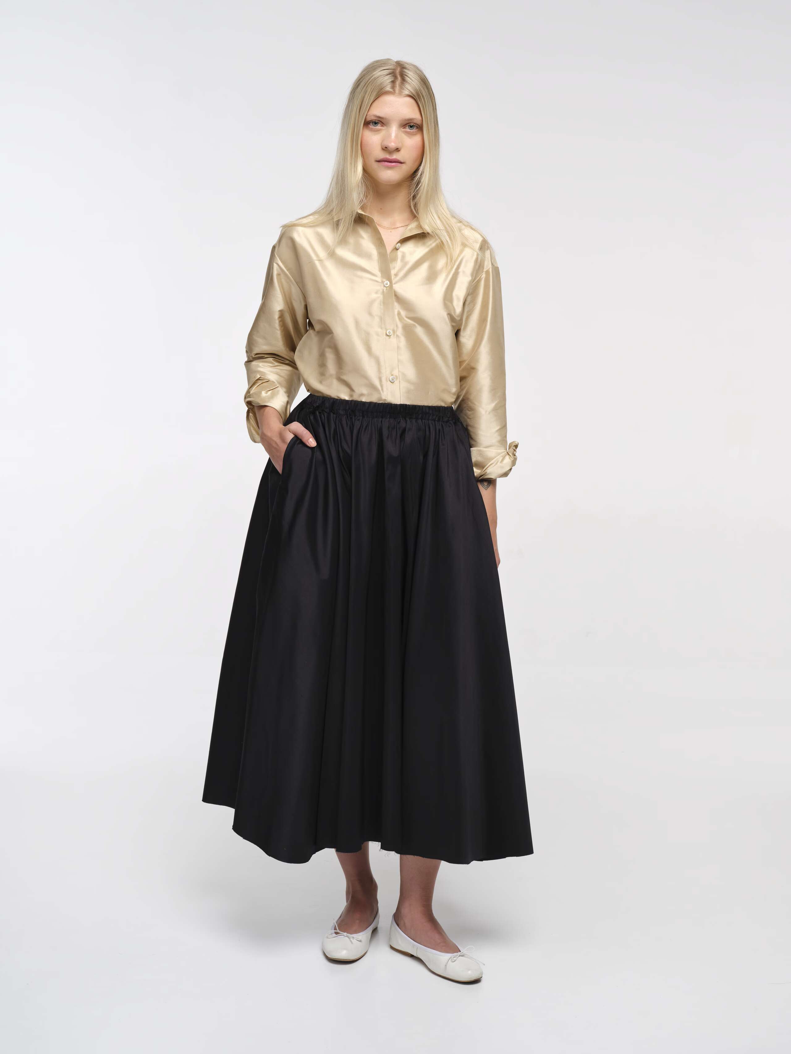Front Shot of Model Wearing Best Black Doupion Silk Long Skirt 