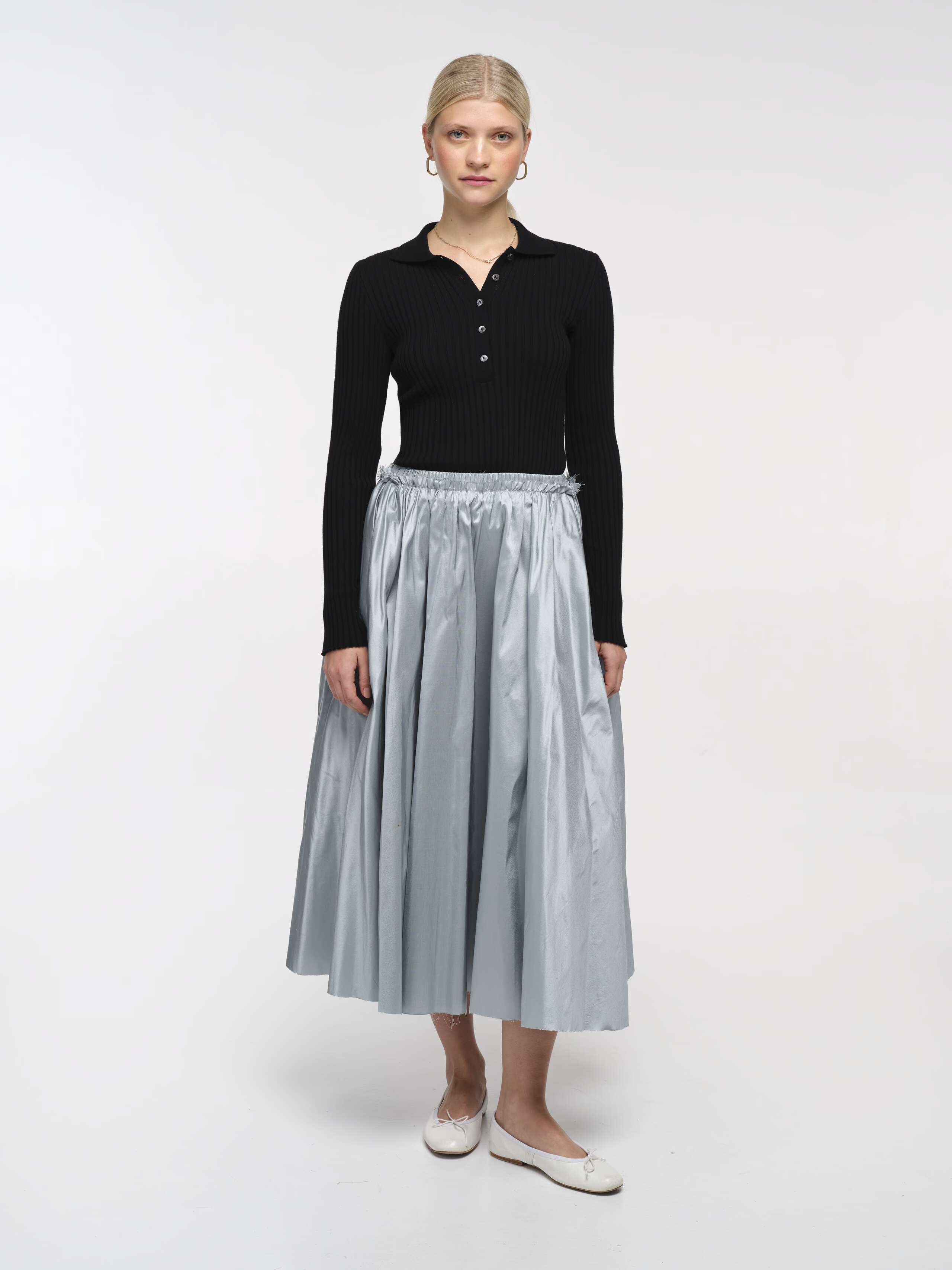 Front Shot of Model Wearing Dream Blue Doupion Silk Long Skirt 