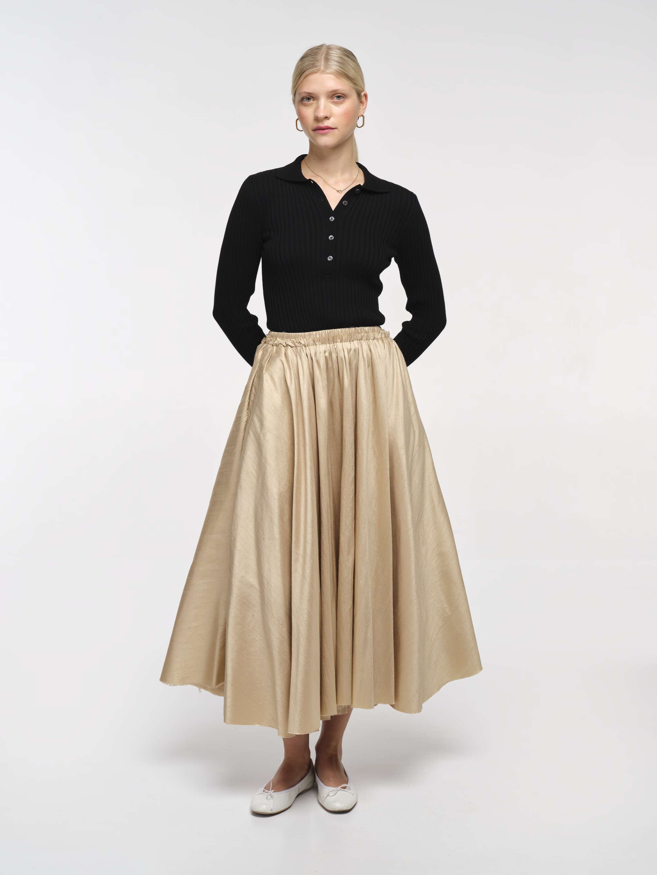 Front Shot of Model Wearing Gold Beige Doupion Silk Long Skirt 
