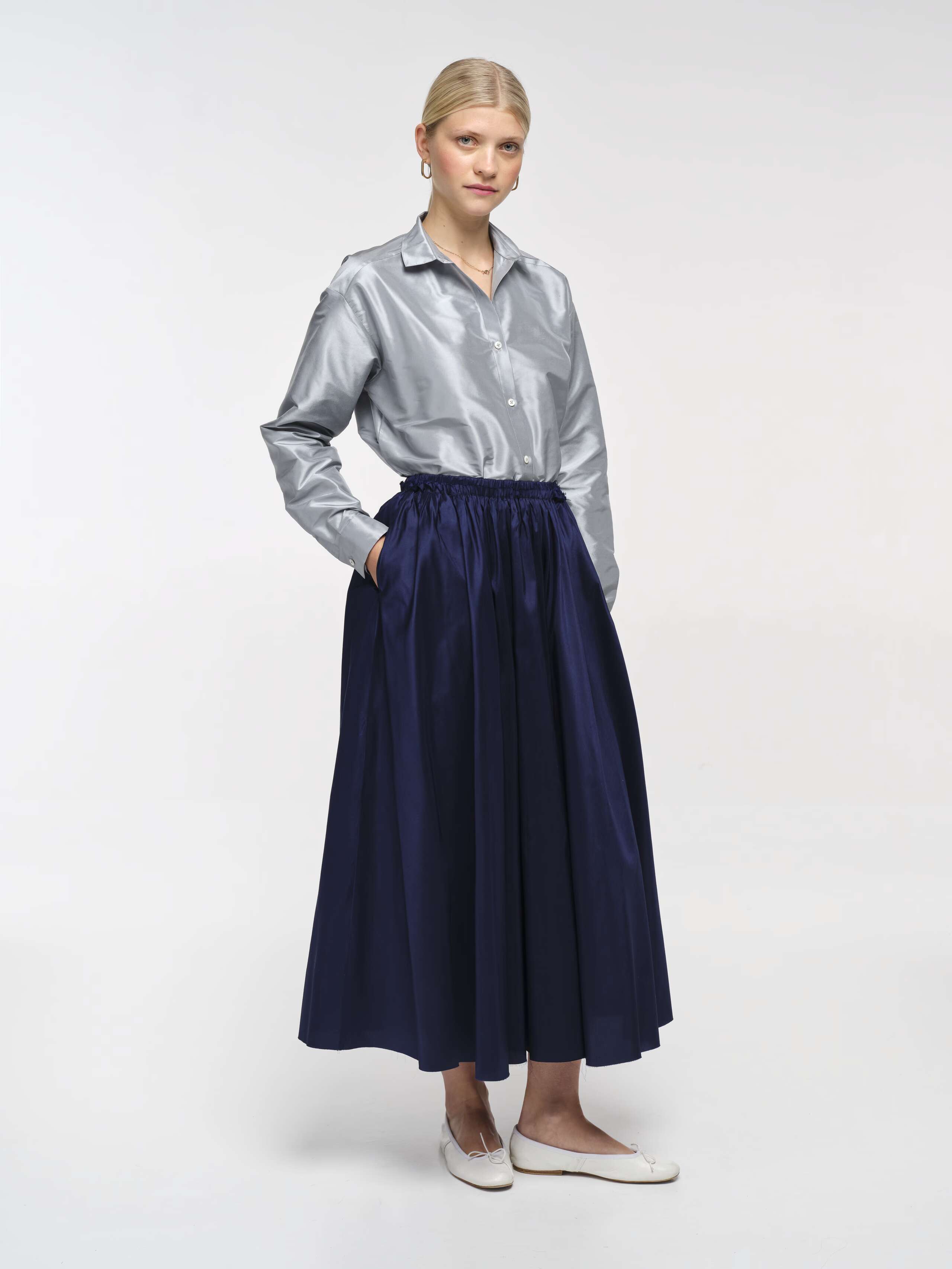Front Shot of Model Wearing Zurich Navy Doupion Silk Long Skirt 