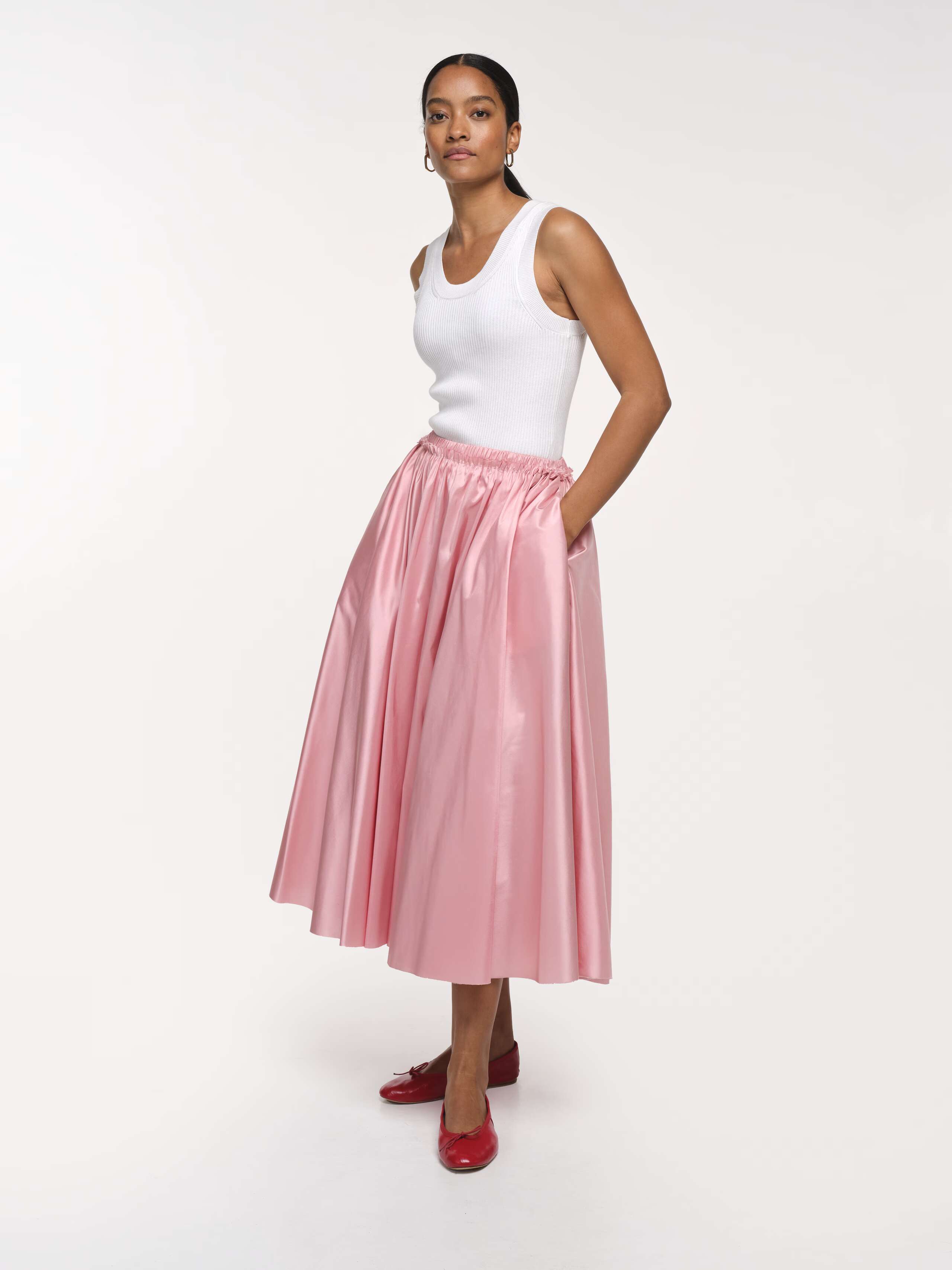 Front Shot of Model Wearing Fleur Rose Doupion Silk Long Skirt 