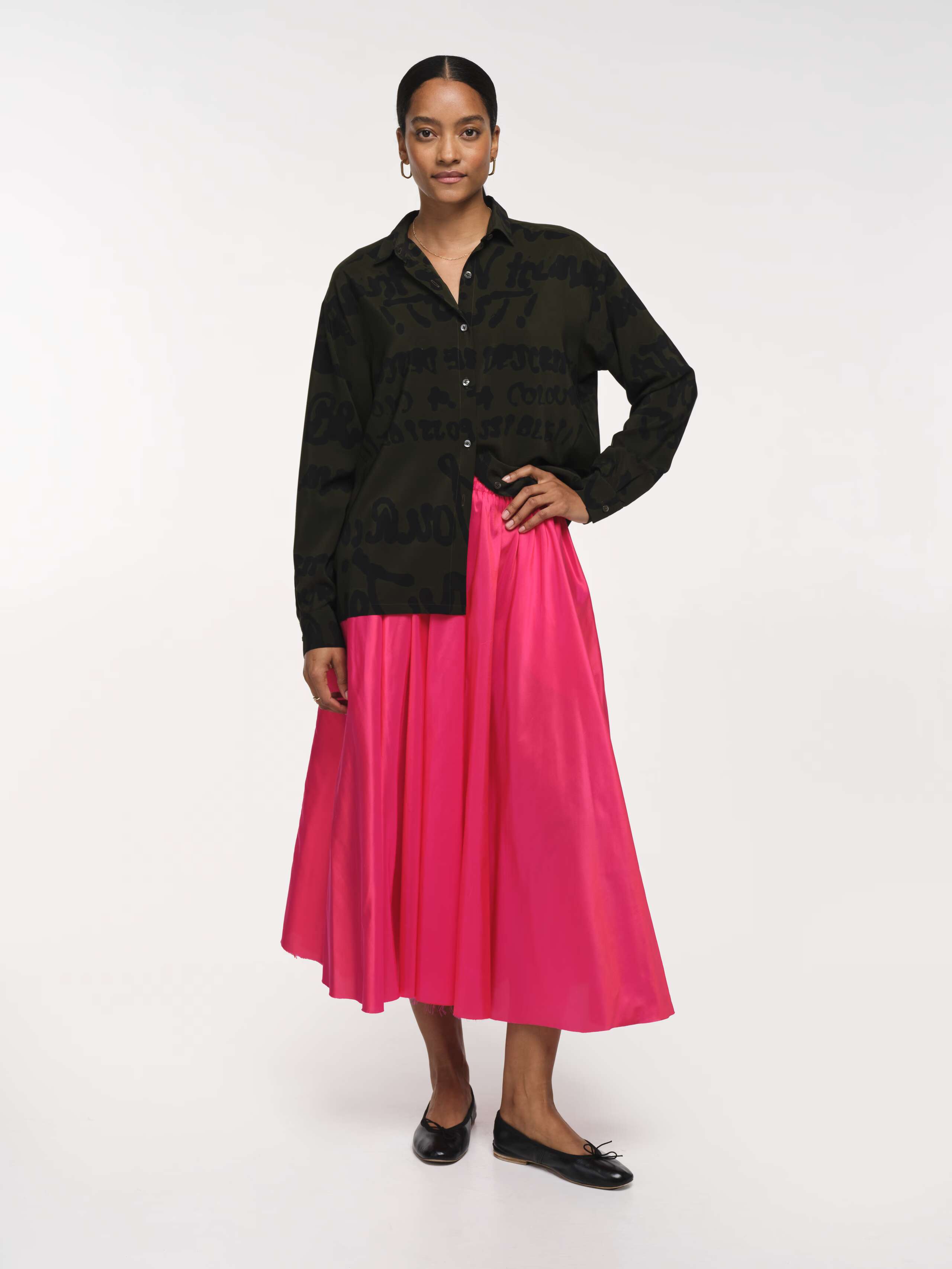 Front Shot of Model Wearing Lipstick Pink Doupion Silk Long Skirt 
