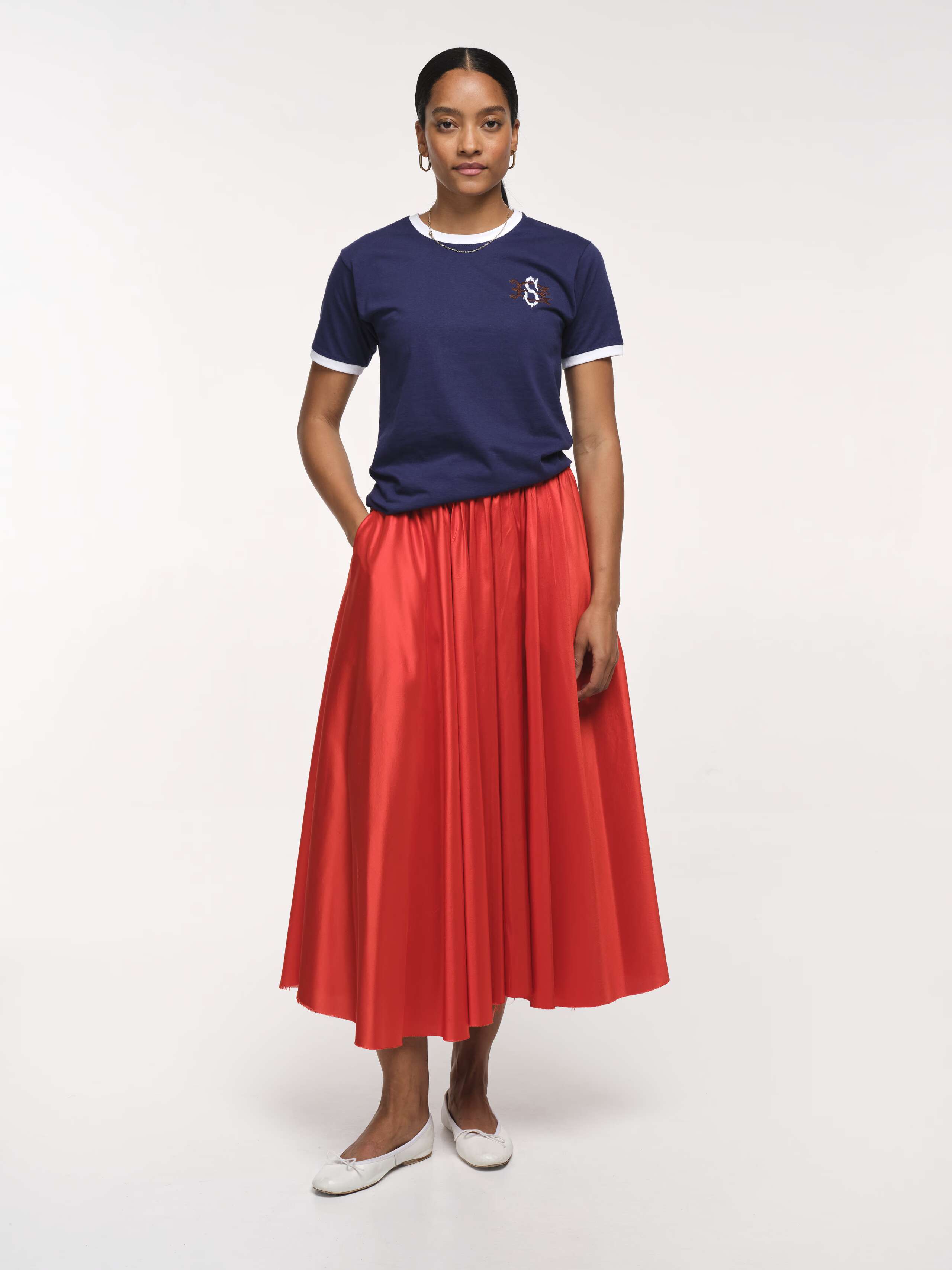 Front Shot of Model Wearing Warmest Red Doupion Silk Long Skirt 