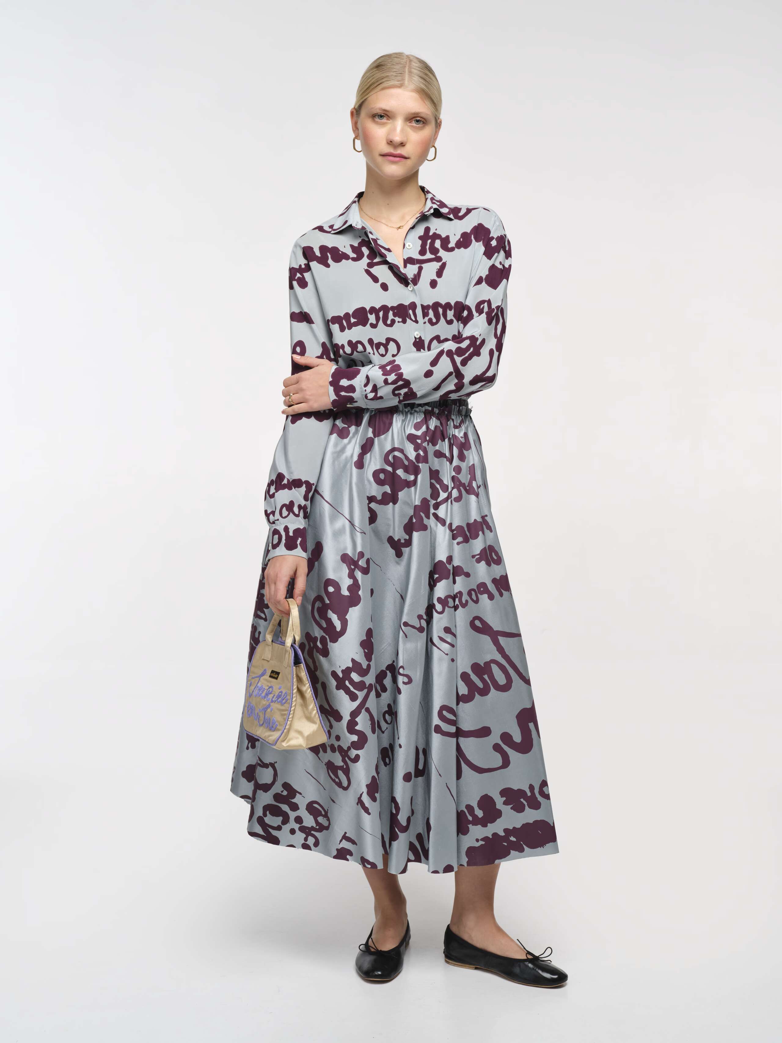 Front Shot of Model wearing Long Berta Skirt Doupion Proverb Dream Blue