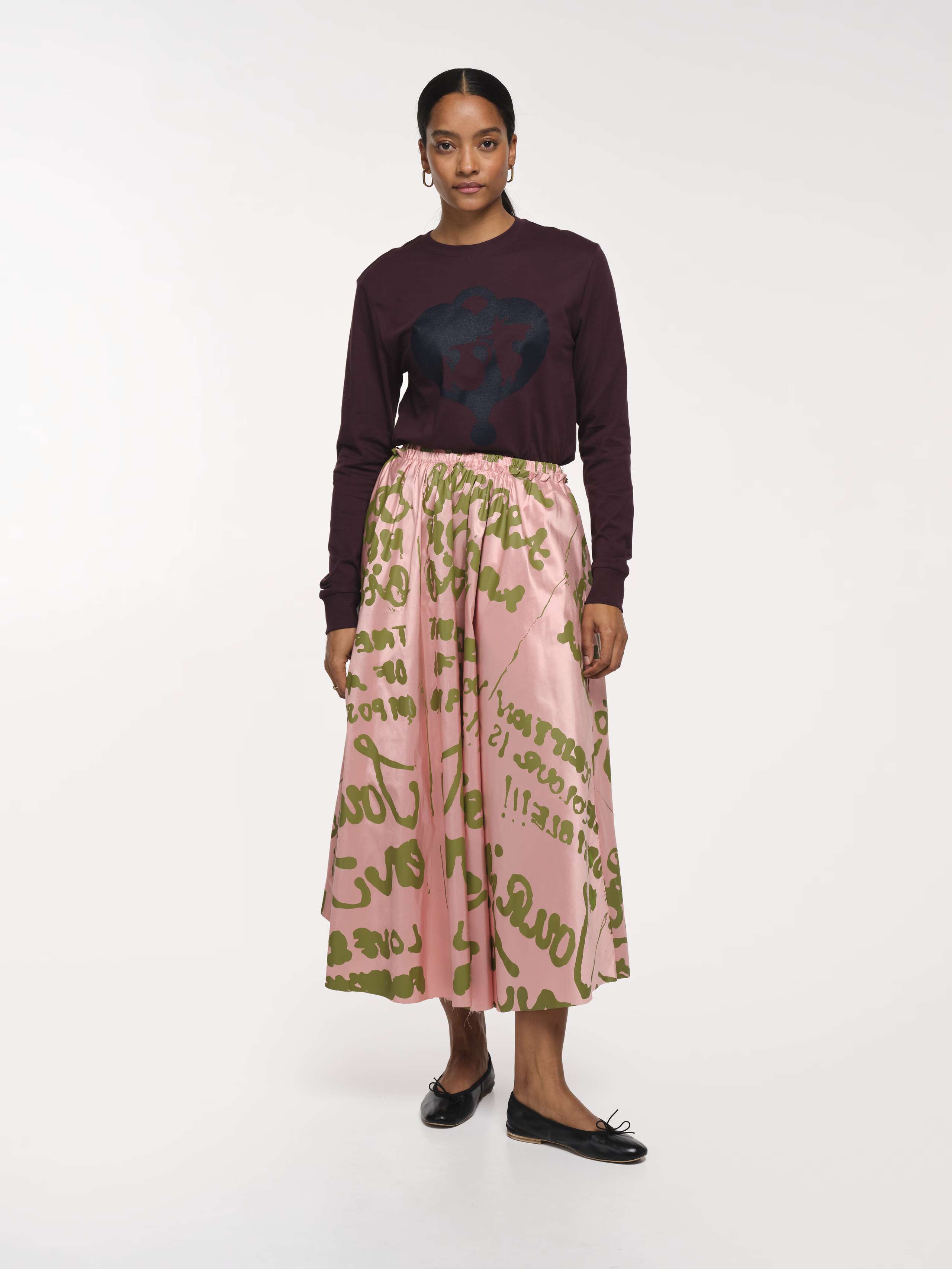 Front Shot of Model wearing Long Berta Skirt Doupion Proverb Fleur Rose
