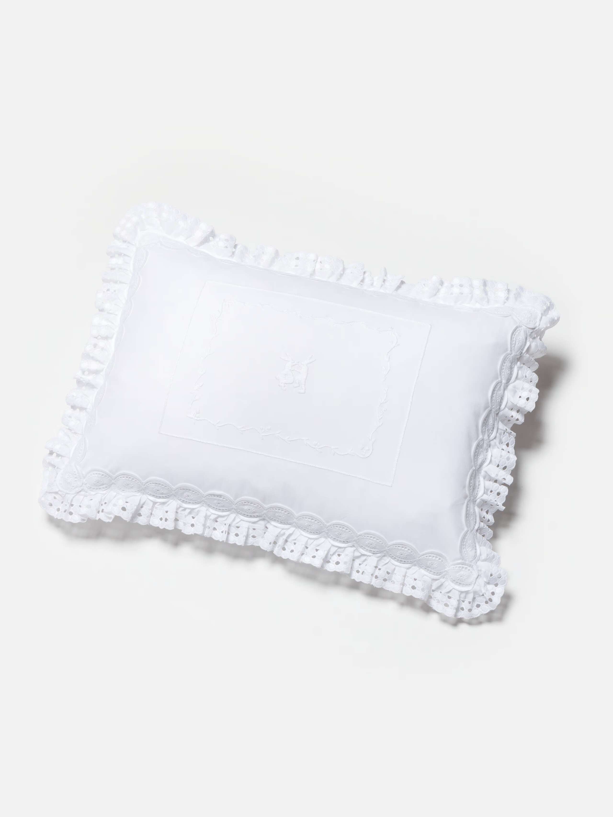 Mila Pillow with cotton lace frame 30cm x 40cm with embroidered dancing rabbits