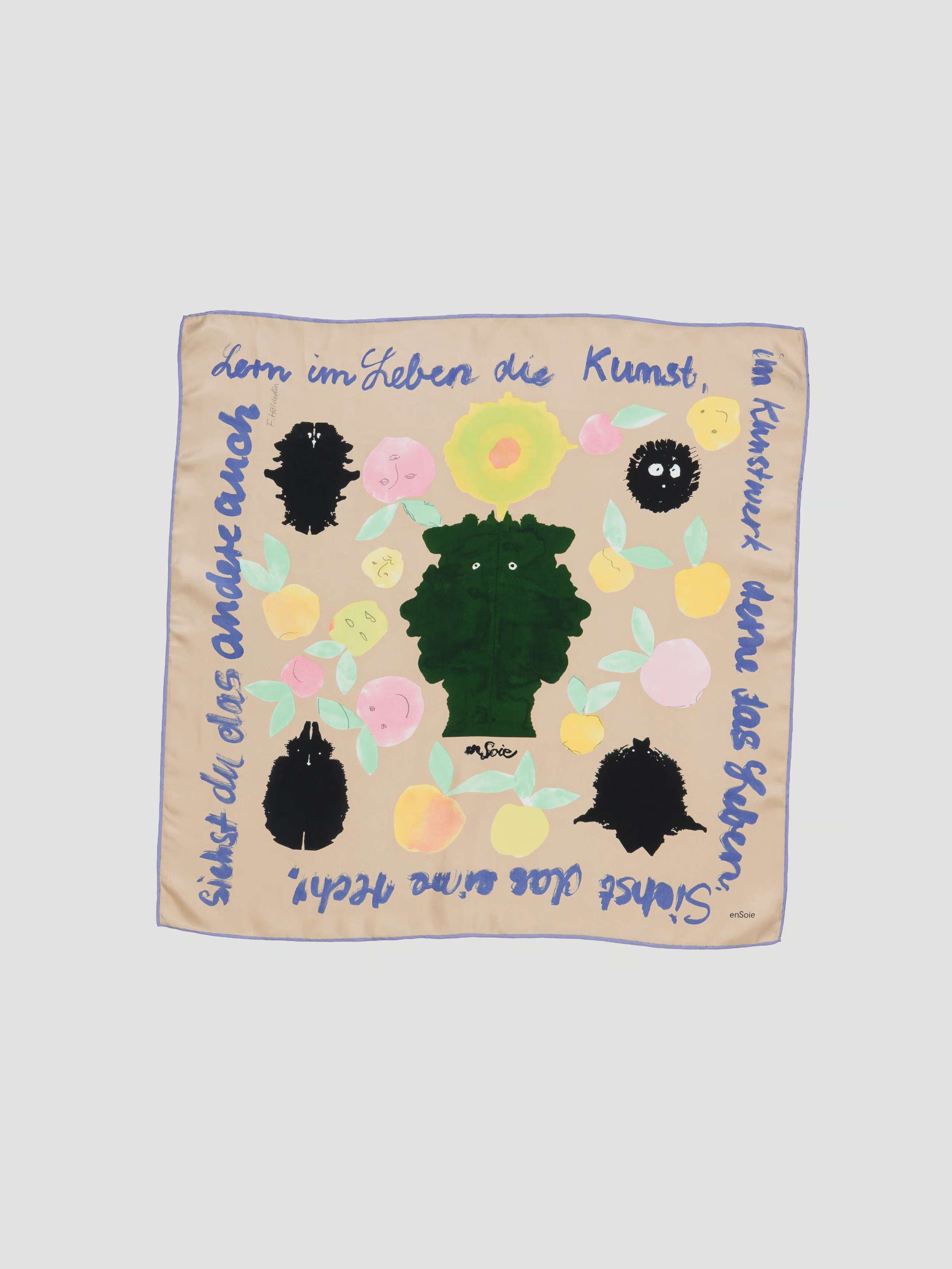 Product Shot of Monsters Eat Apple Crepe de Chine Foulard in grey-blue