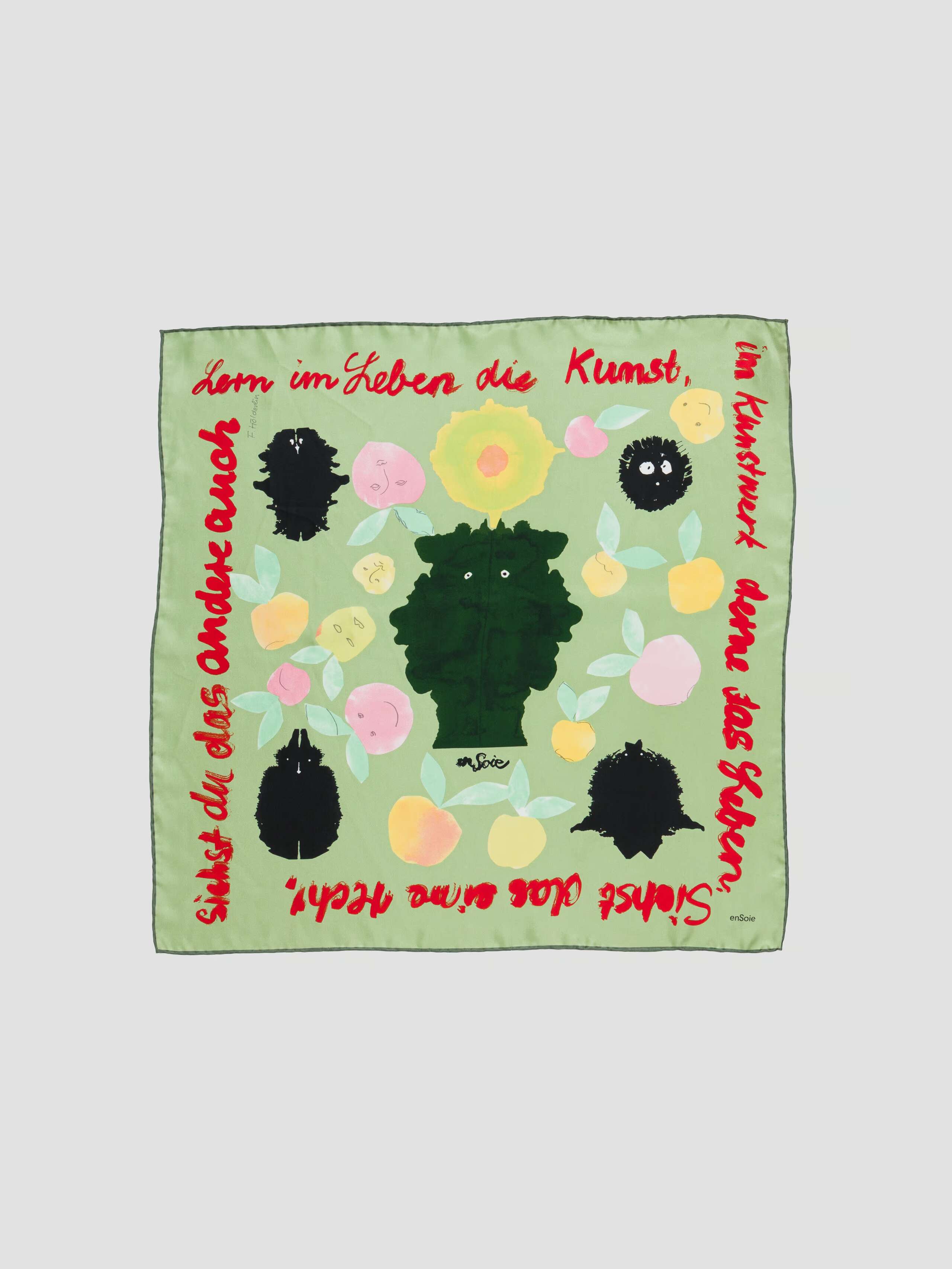 Product Shot of Monsters Eat Apple Crepe de Chine Foulard in blue-green
