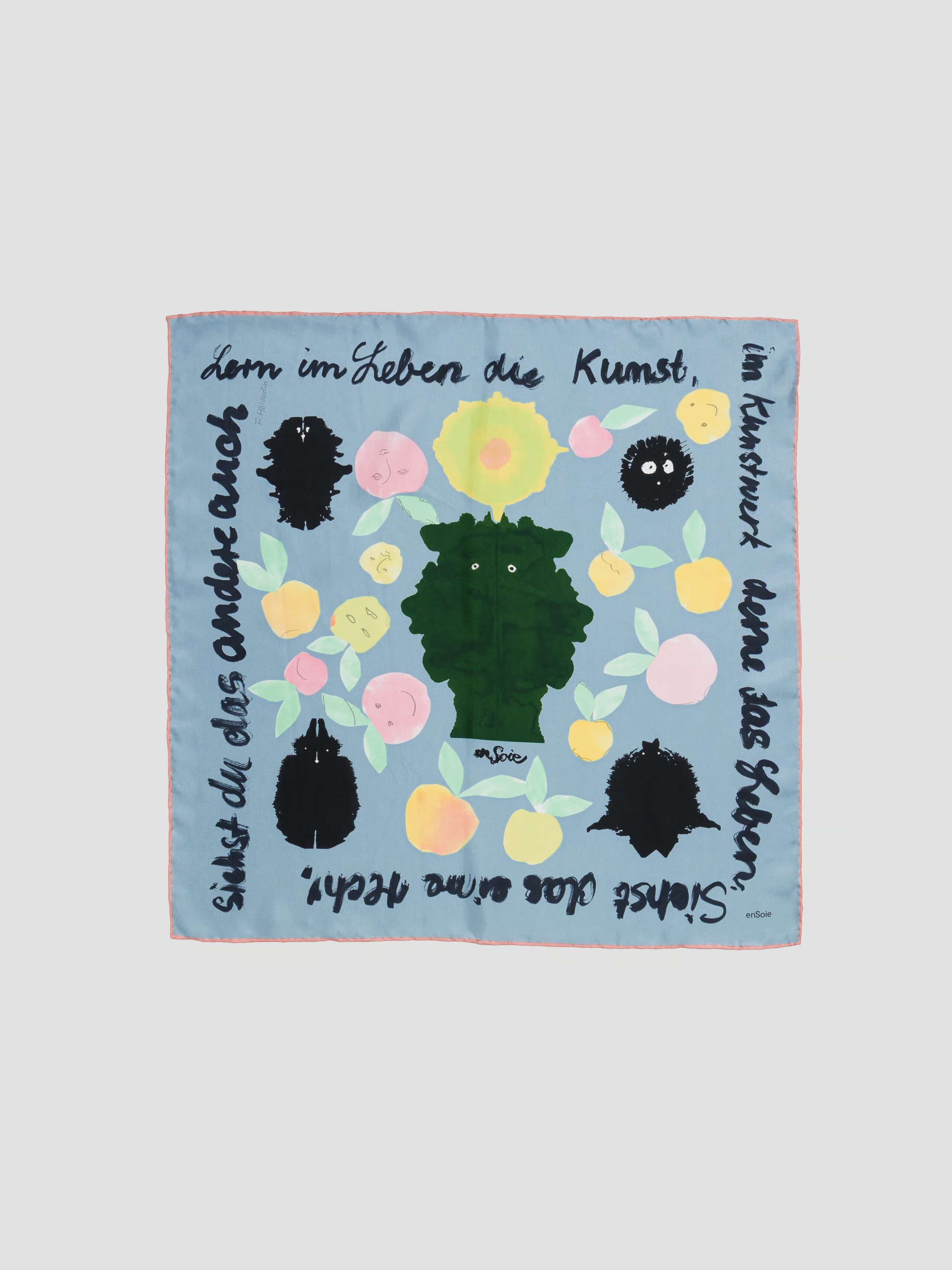 Product Shot of Monsters Eat Apple Crepe de Chine Foulard in blue-green