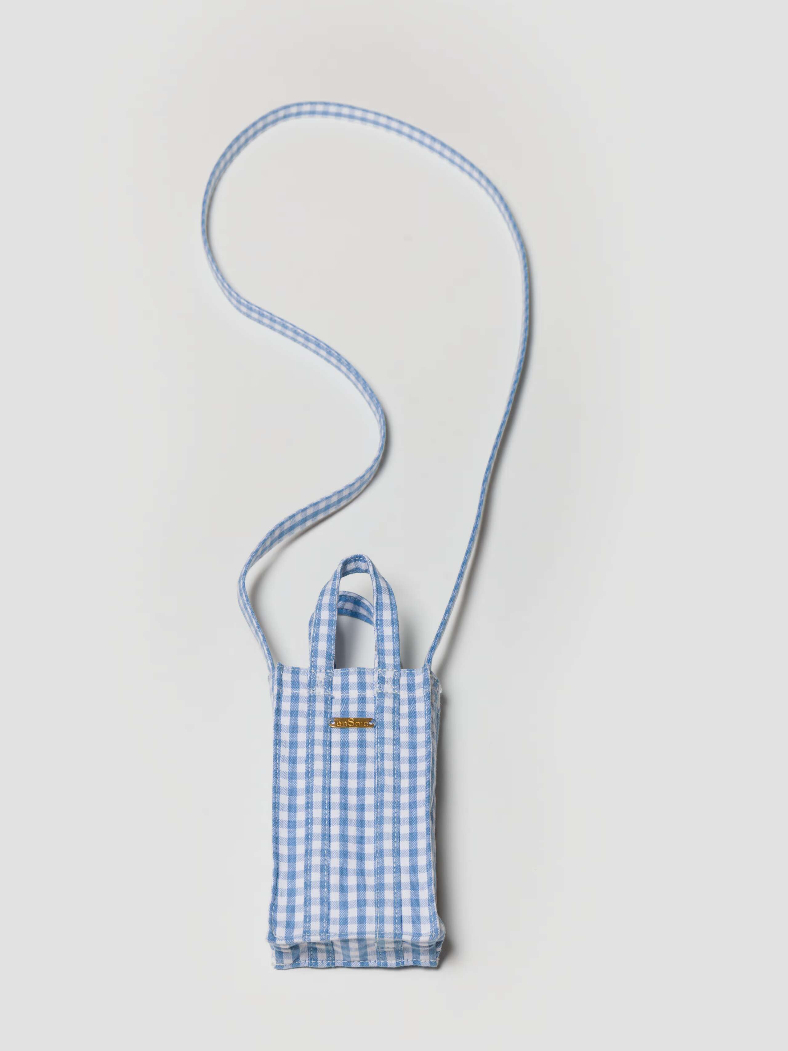 Product Shot of Cabas Phone Bag in Cerulean Blue Vichy