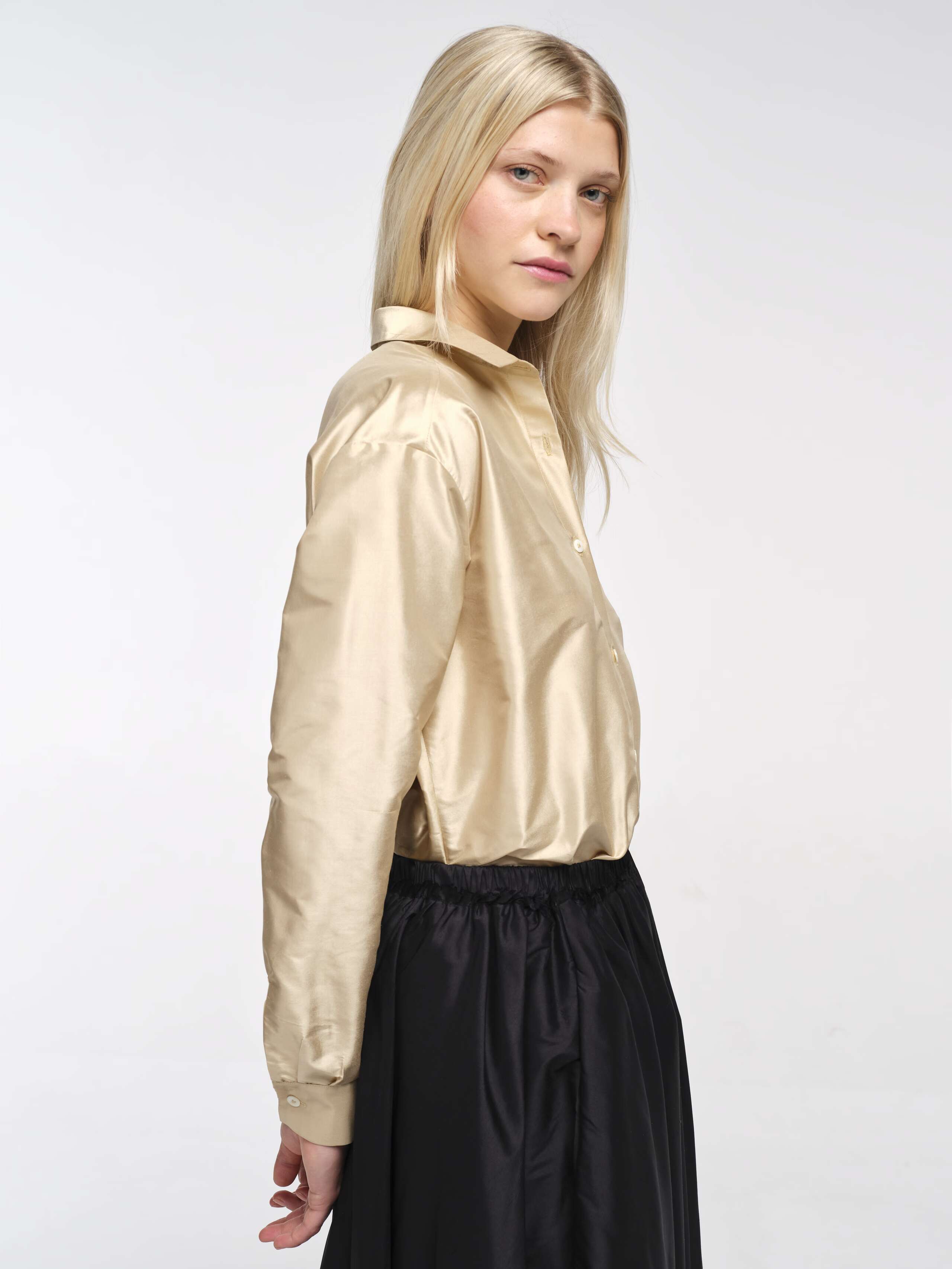 Closeup Side Shot of Model Wearing Beige Doupion Francesca Blouse