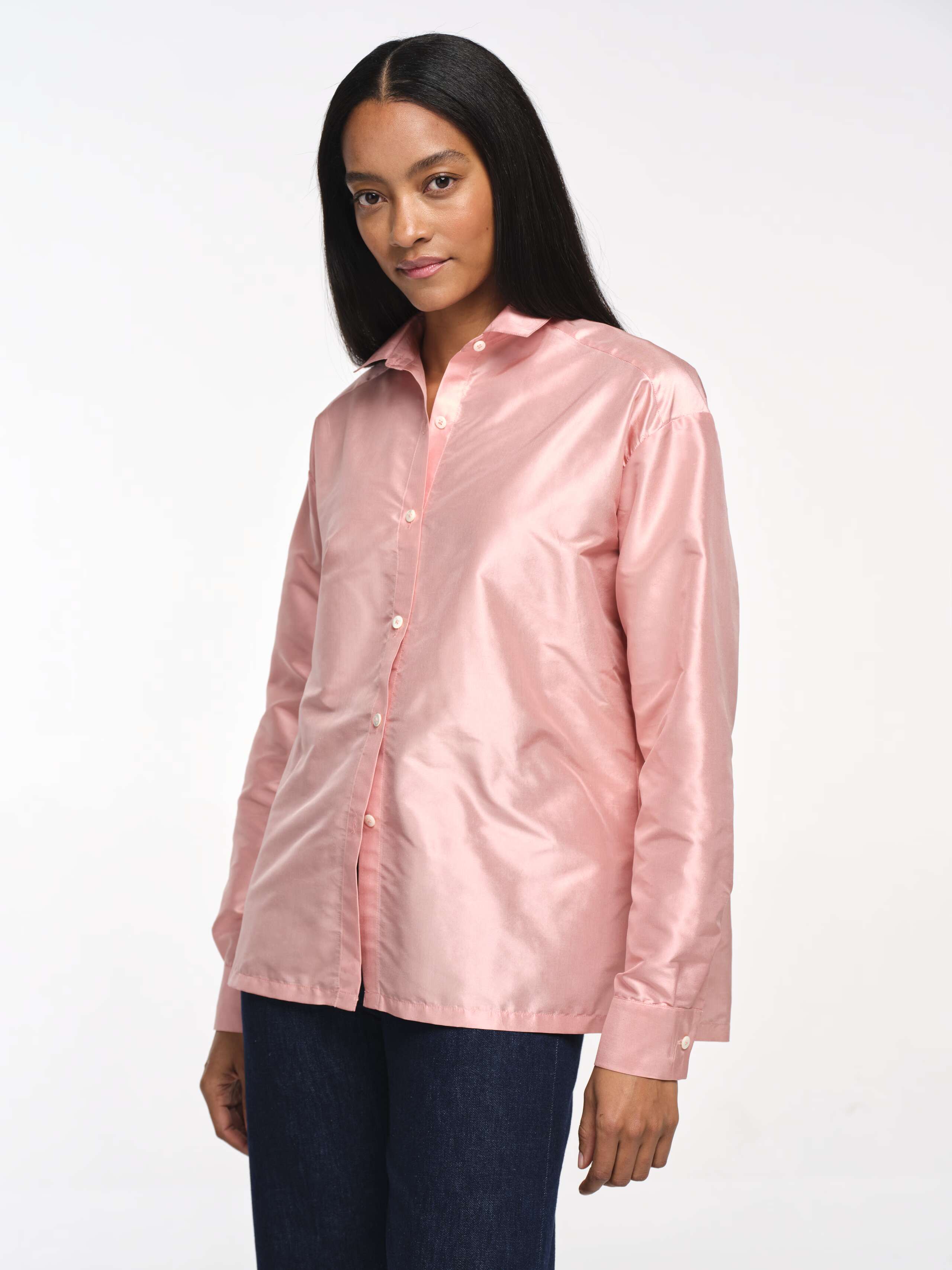 Closeup Front Shot of Model Wearing Fleur Rose Doupion Francesca Blouse