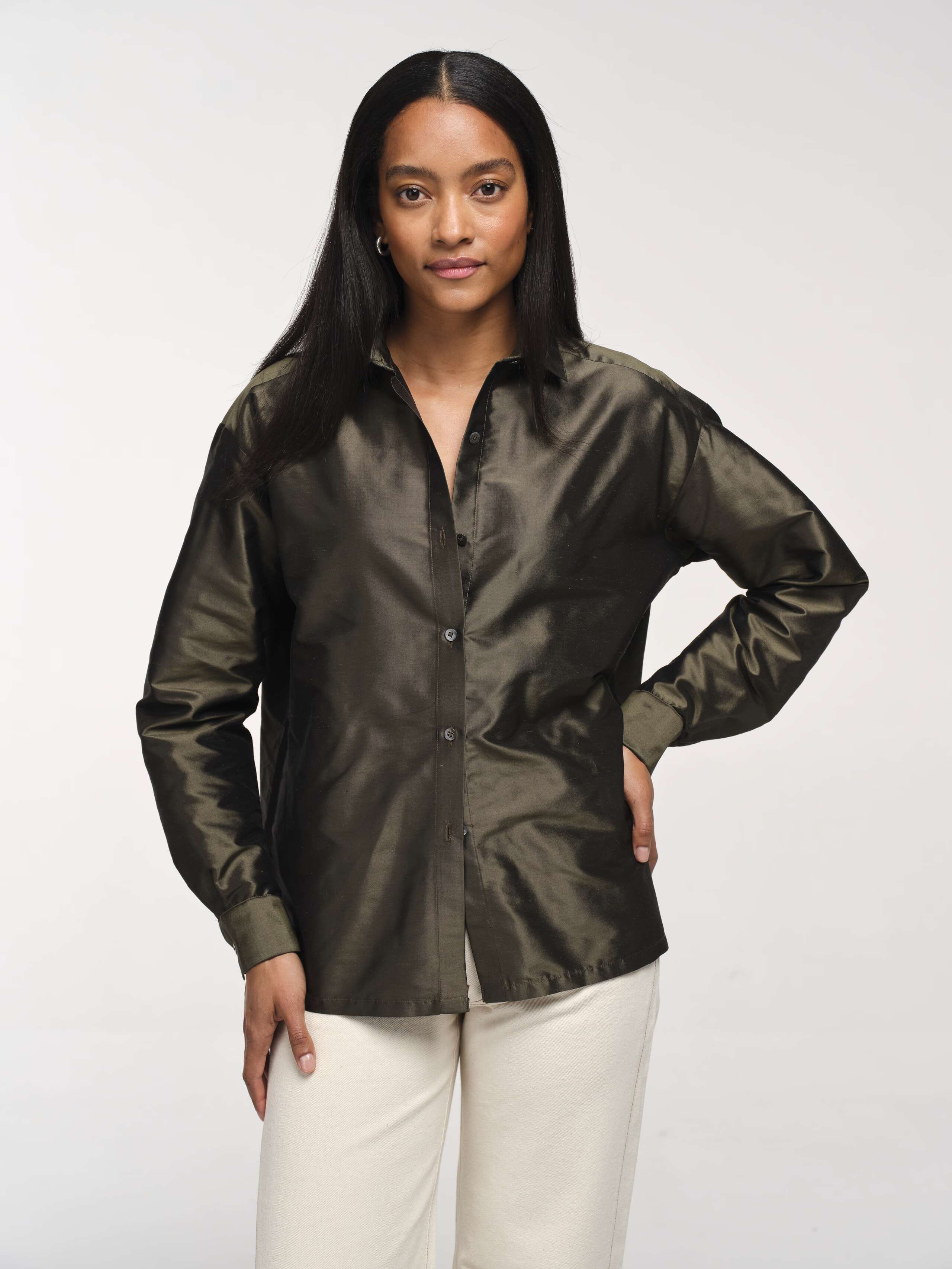 Front Shot of Model Wearing Khaki Green Doupion Francesca Blouse