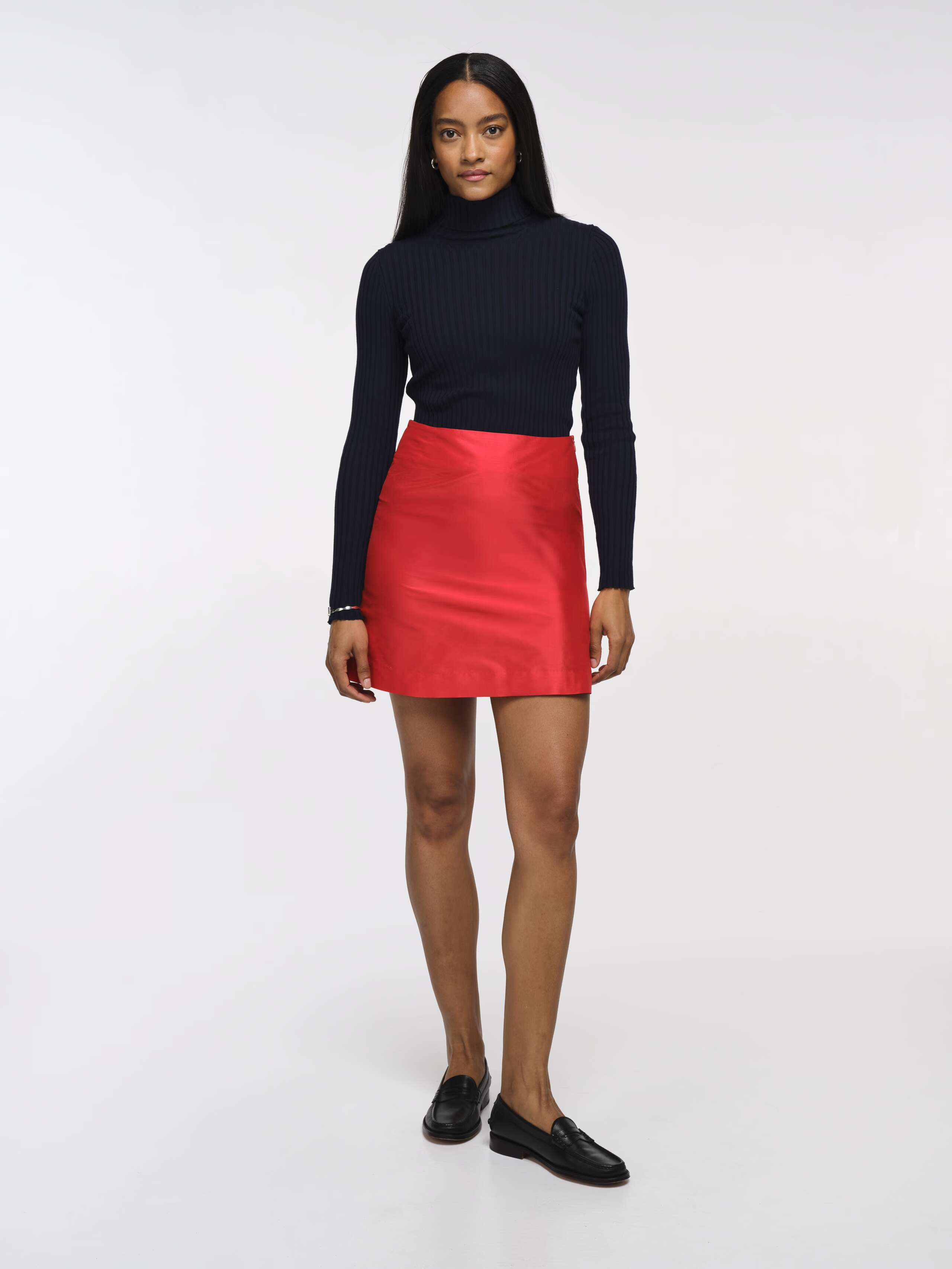 Front Shot of Model Wearing Warmest Red Ilsa Doupion Silk Skirt 
