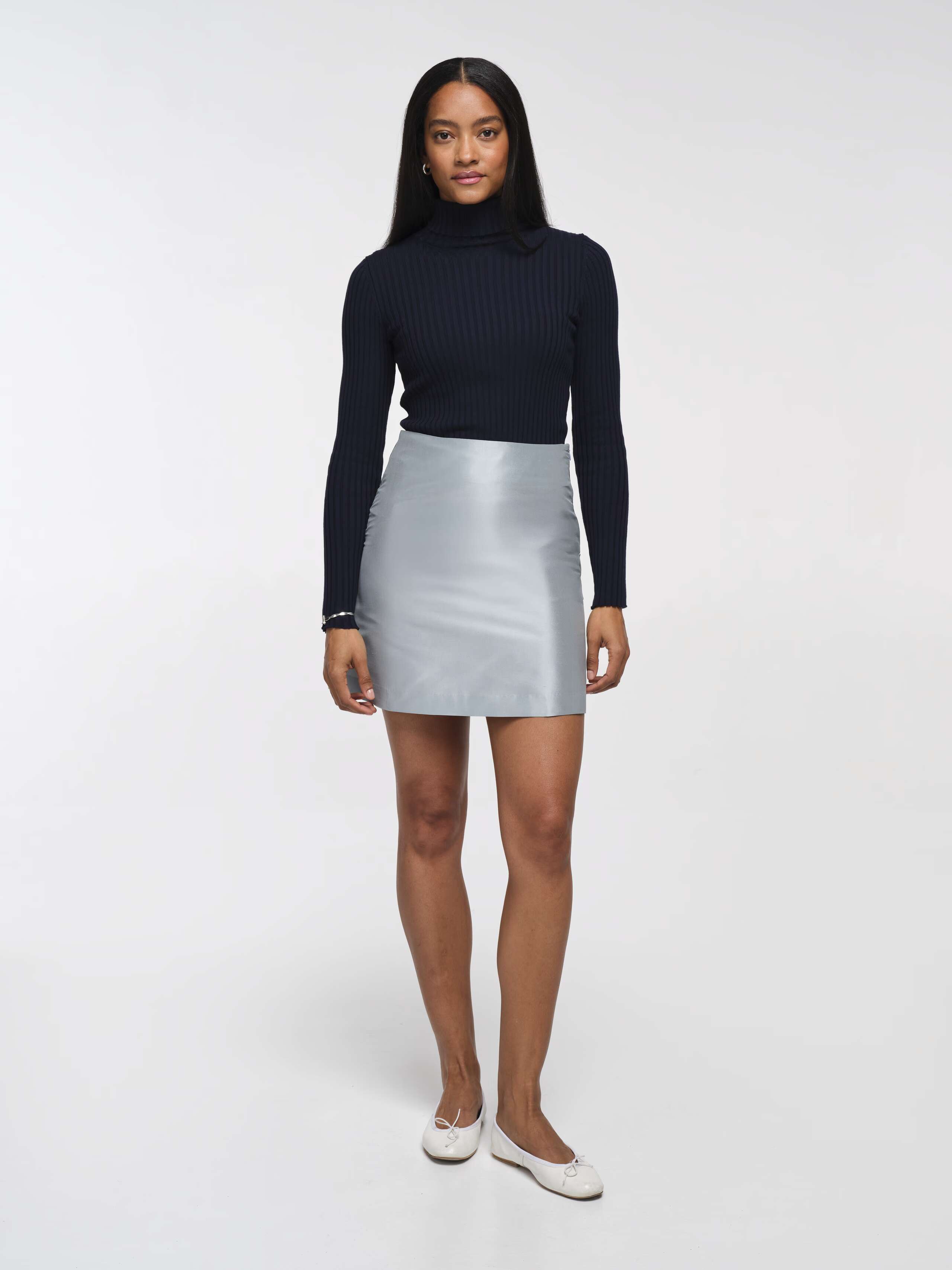 Front Shot of Model Wearing Dream Blue Ilsa Doupion Silk Skirt 