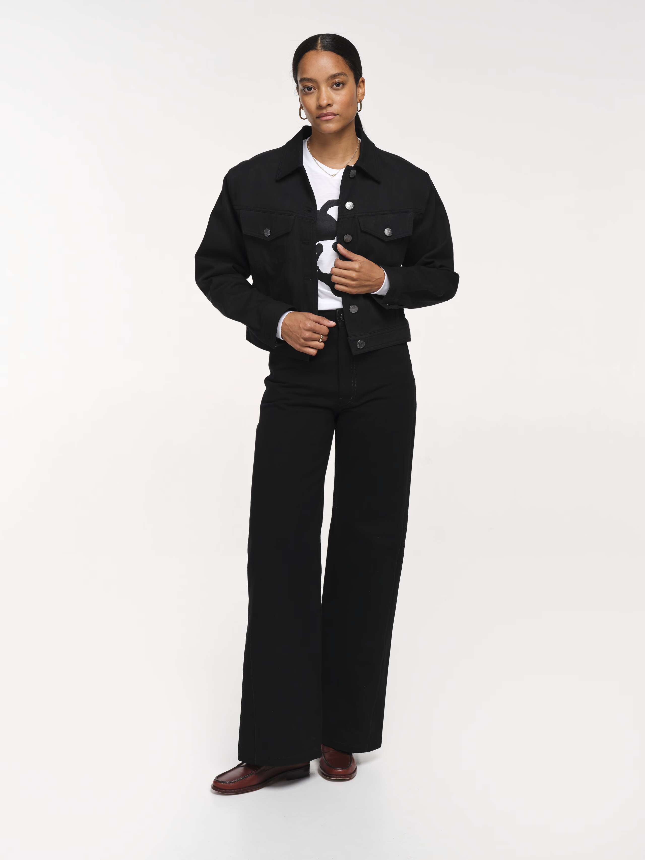Full front shot of Model wearing Jill Jean Jacket in Best Black 
