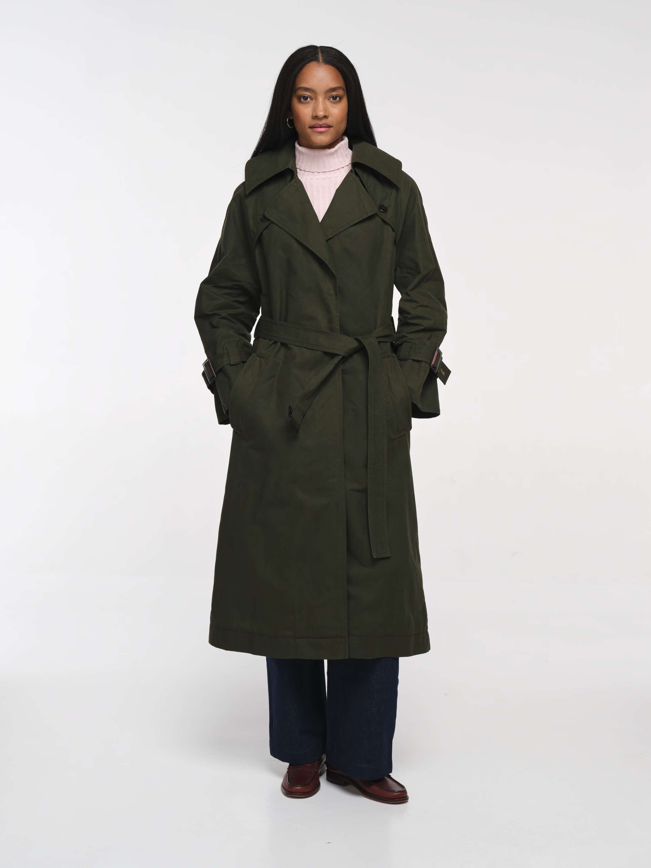 Front Shot of Model wearing Manhattan Waxed Cotton Trench in  Khaki Green 