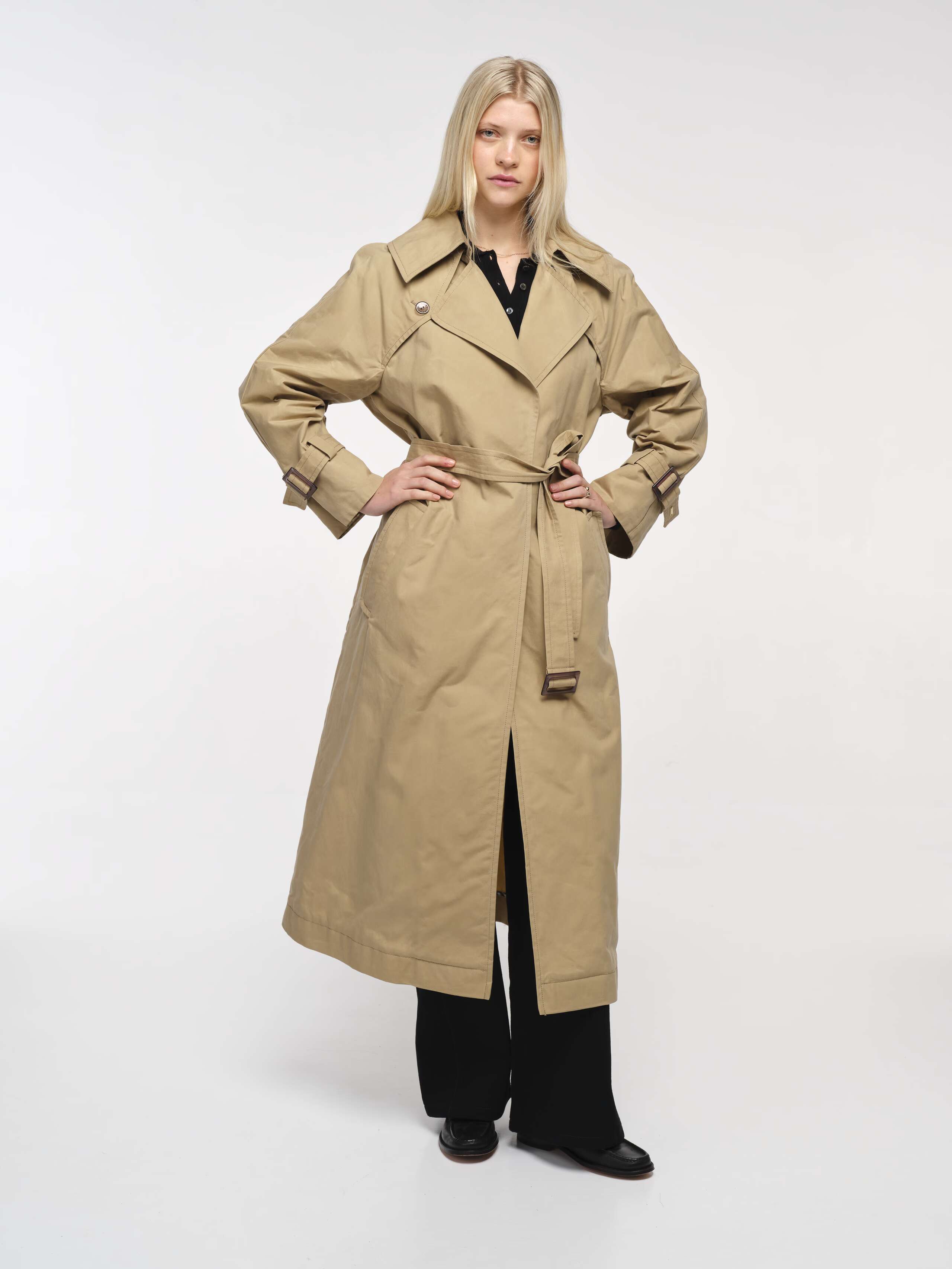 Front Shot of Model wearing Manhattan Waxed Cotton Trench in Beige