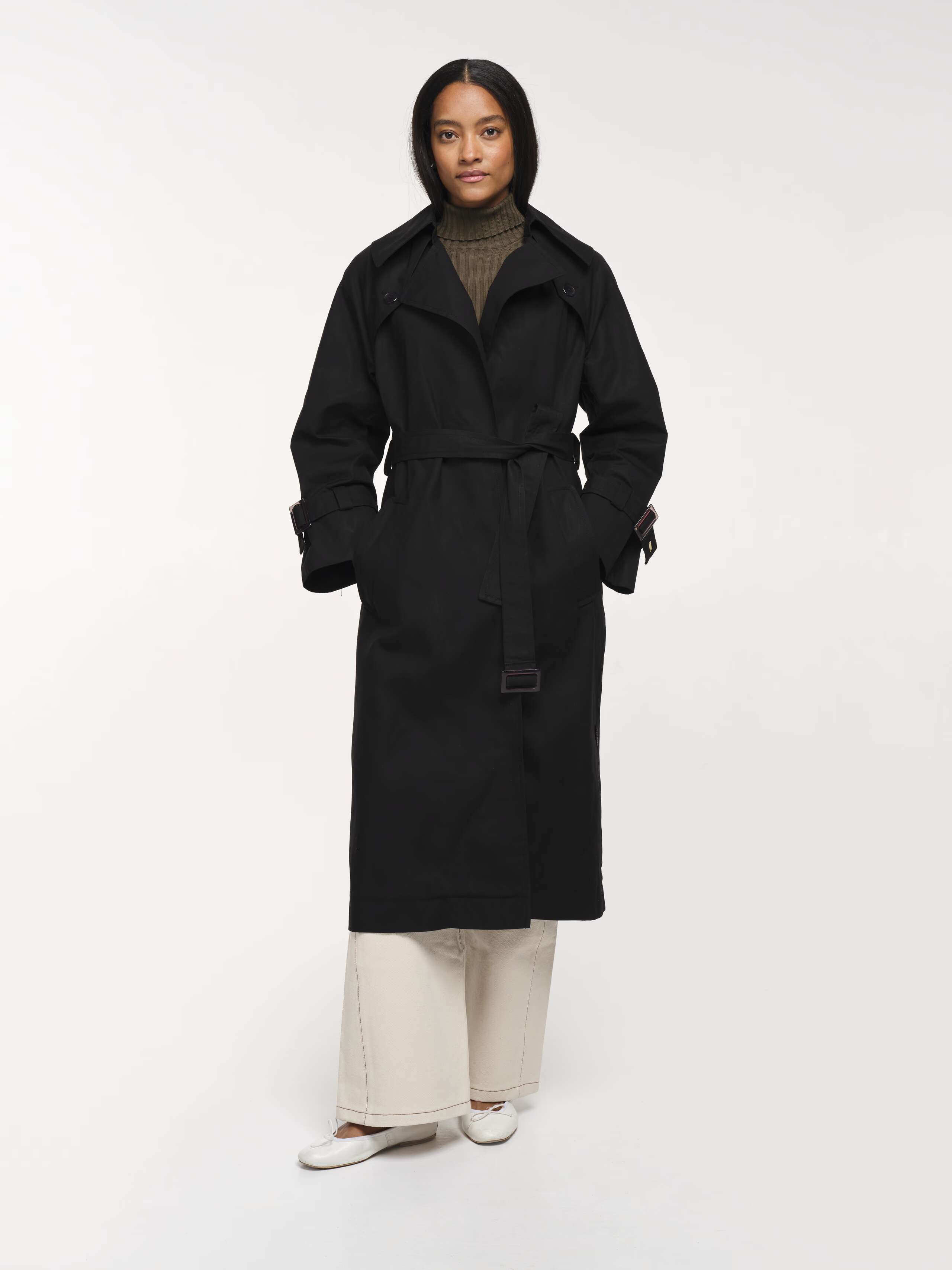 Front Shot of Model wearing Manhattan Waxed Cotton Trench in Best Black 
