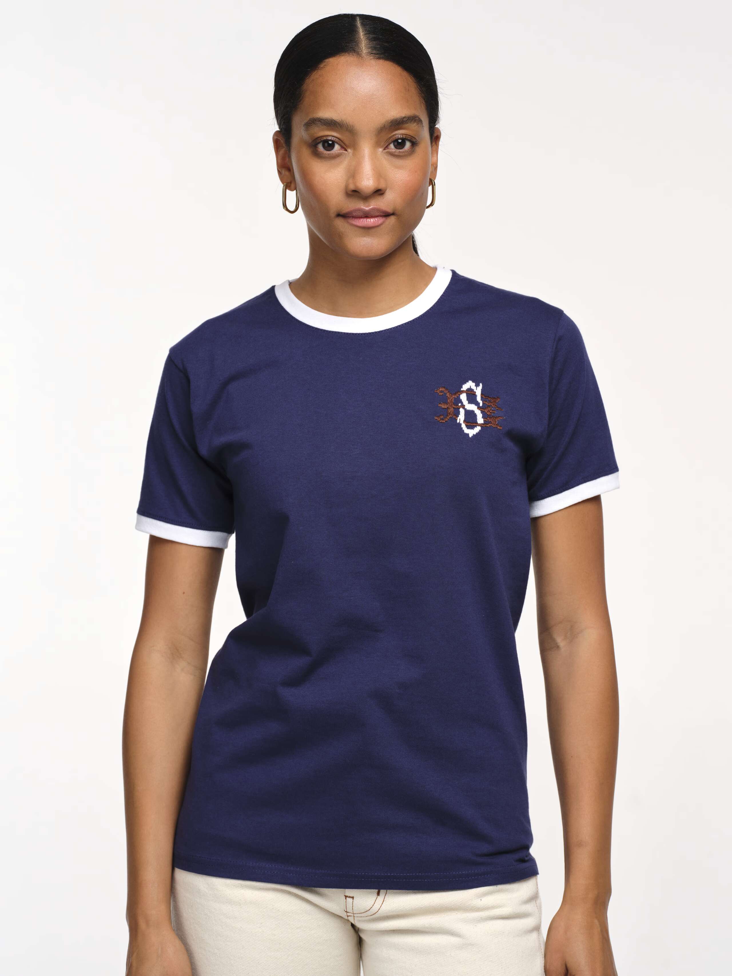Front Shot of Model Wearing Round Sleeve Pixel Shirt in Navy with ES Embroidery 