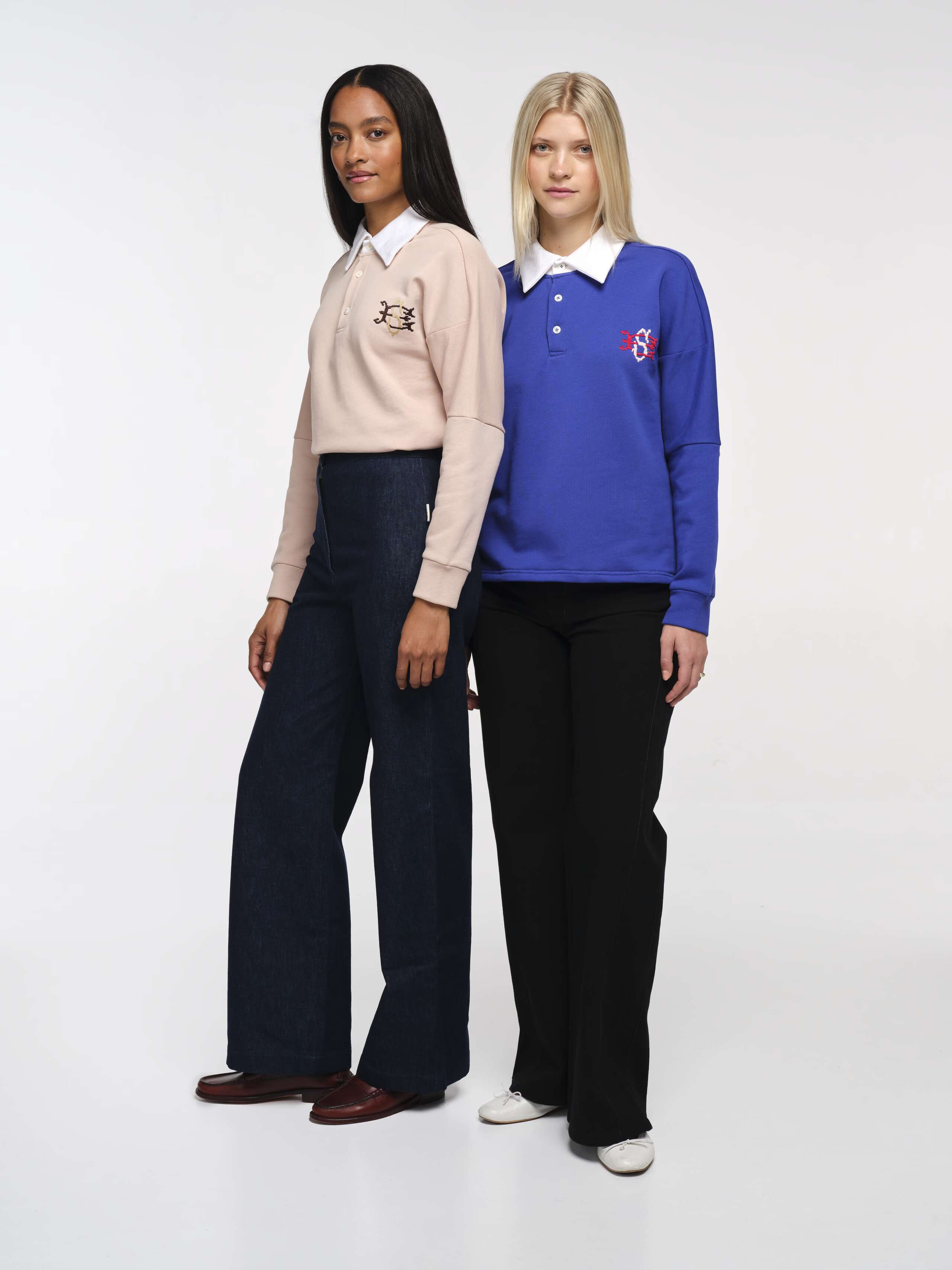 Front Shot of Two Models Wearing Long-sleeve Polo with Pixel Embroidery in Pink and Blue 