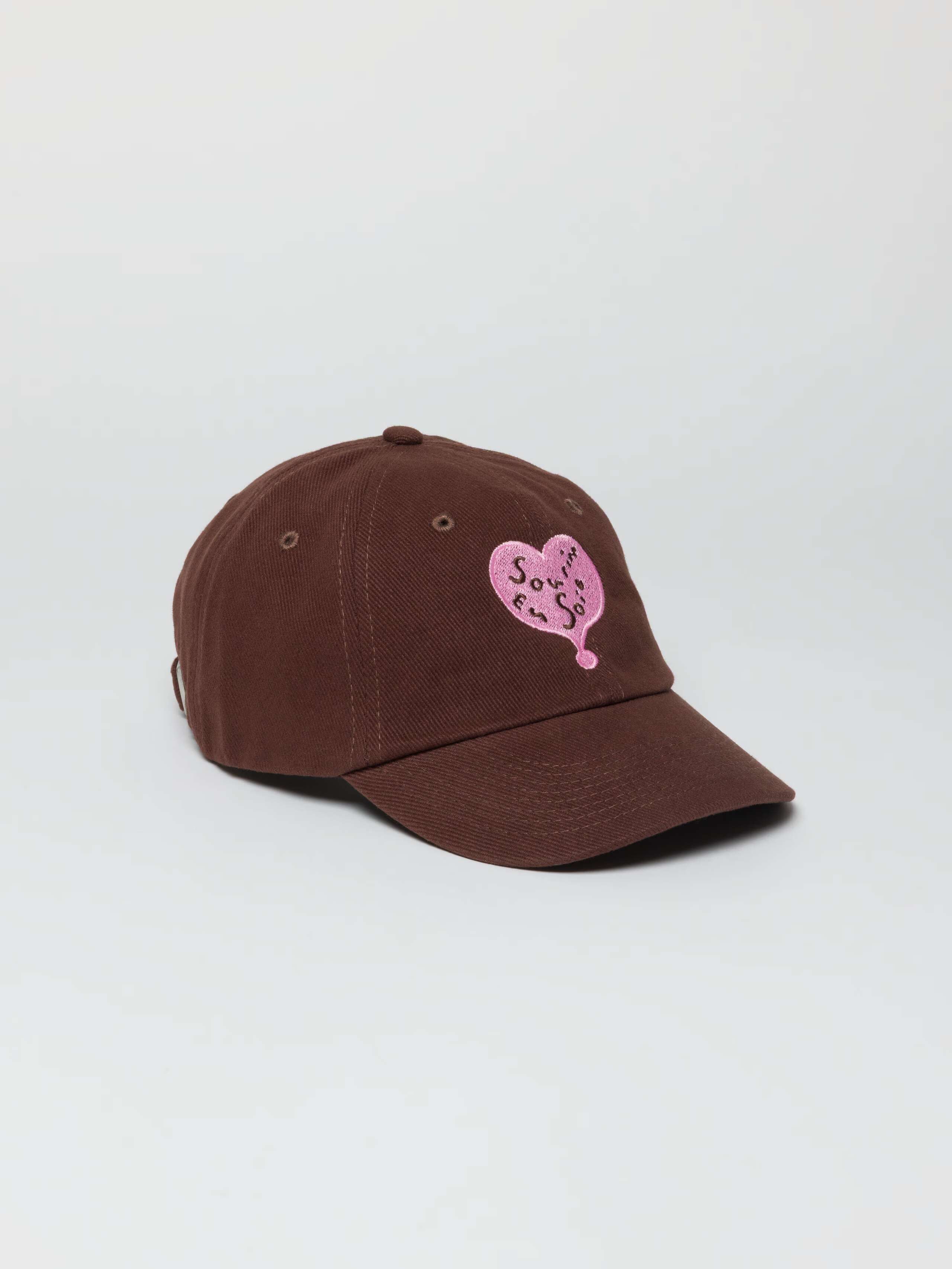 Product Shot of Tommy Cap Brown with Sourire Heart Pink Embroidery 