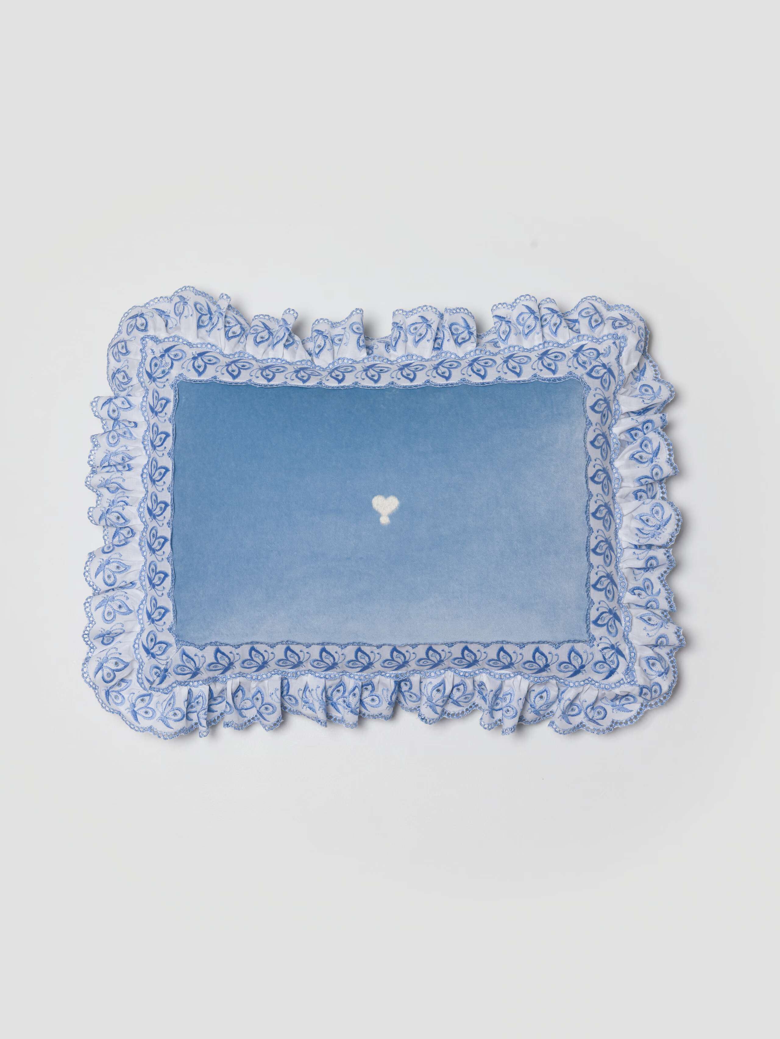 Milo pillow cover in blue velvet with lace frame