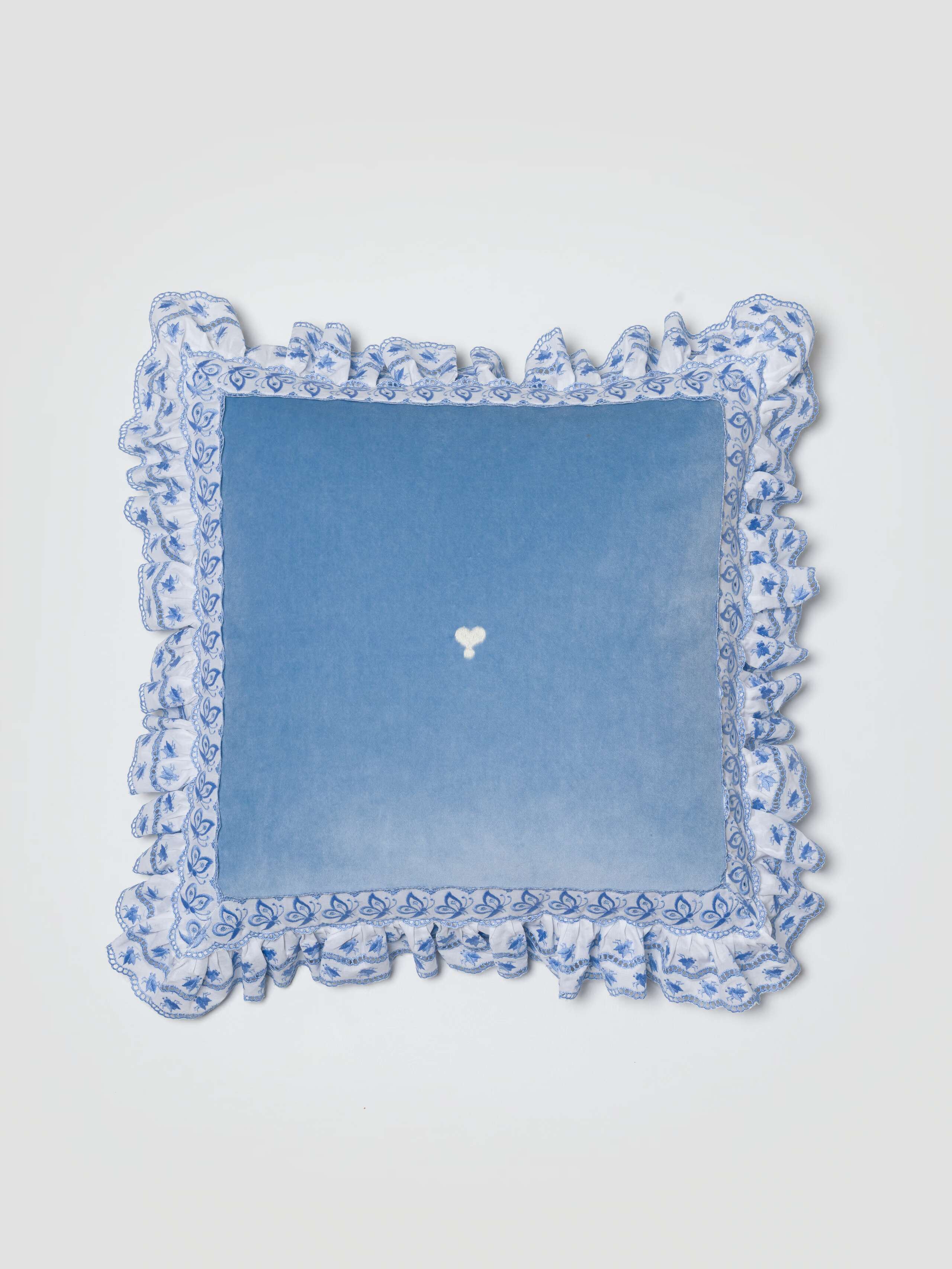 Mila pillow cover in blue velvet with lace frame