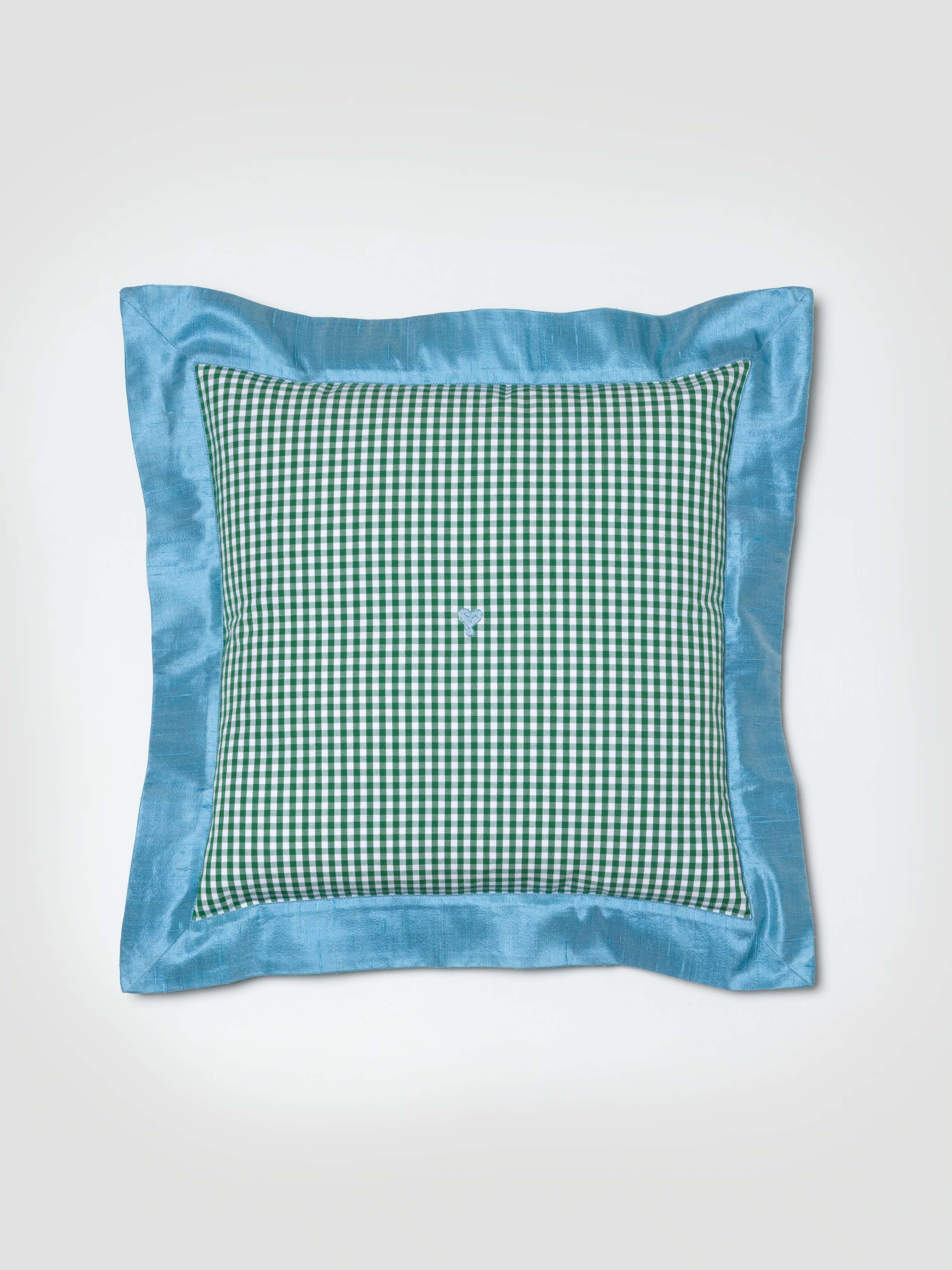 Mila pillow cover in Linden Green vichy with electric blue doupion frame