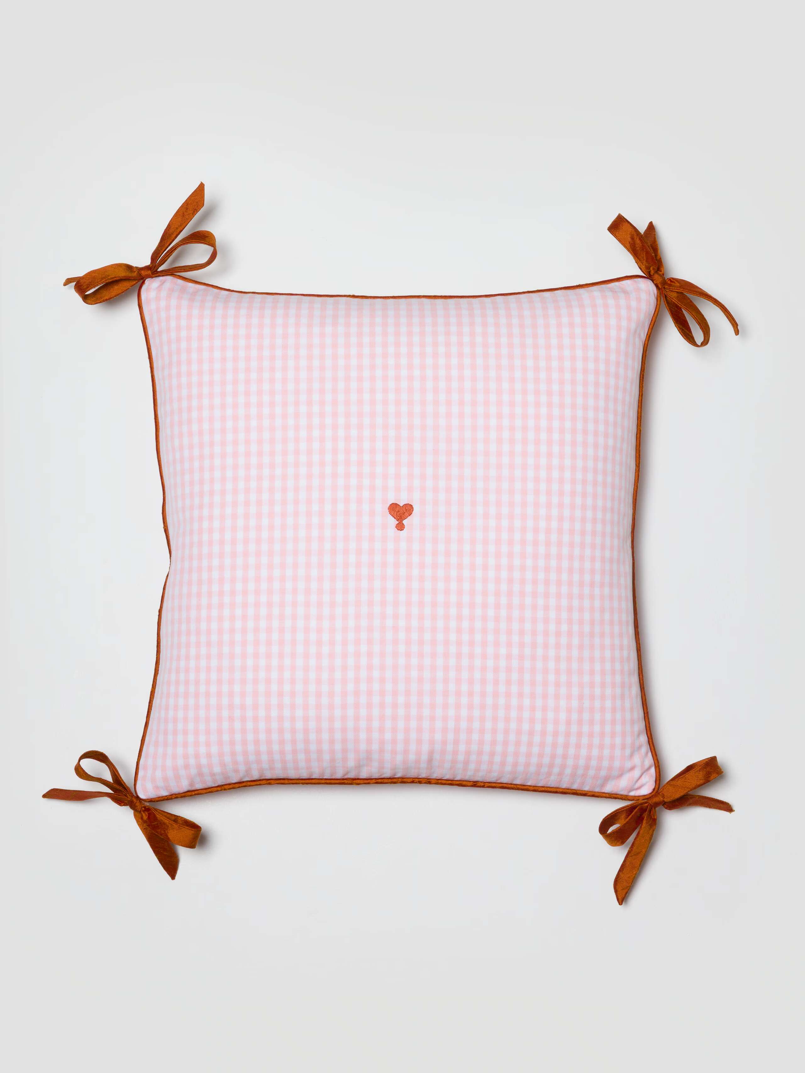 Mila pillow cover in Candy Pink with orange doupion ribbon