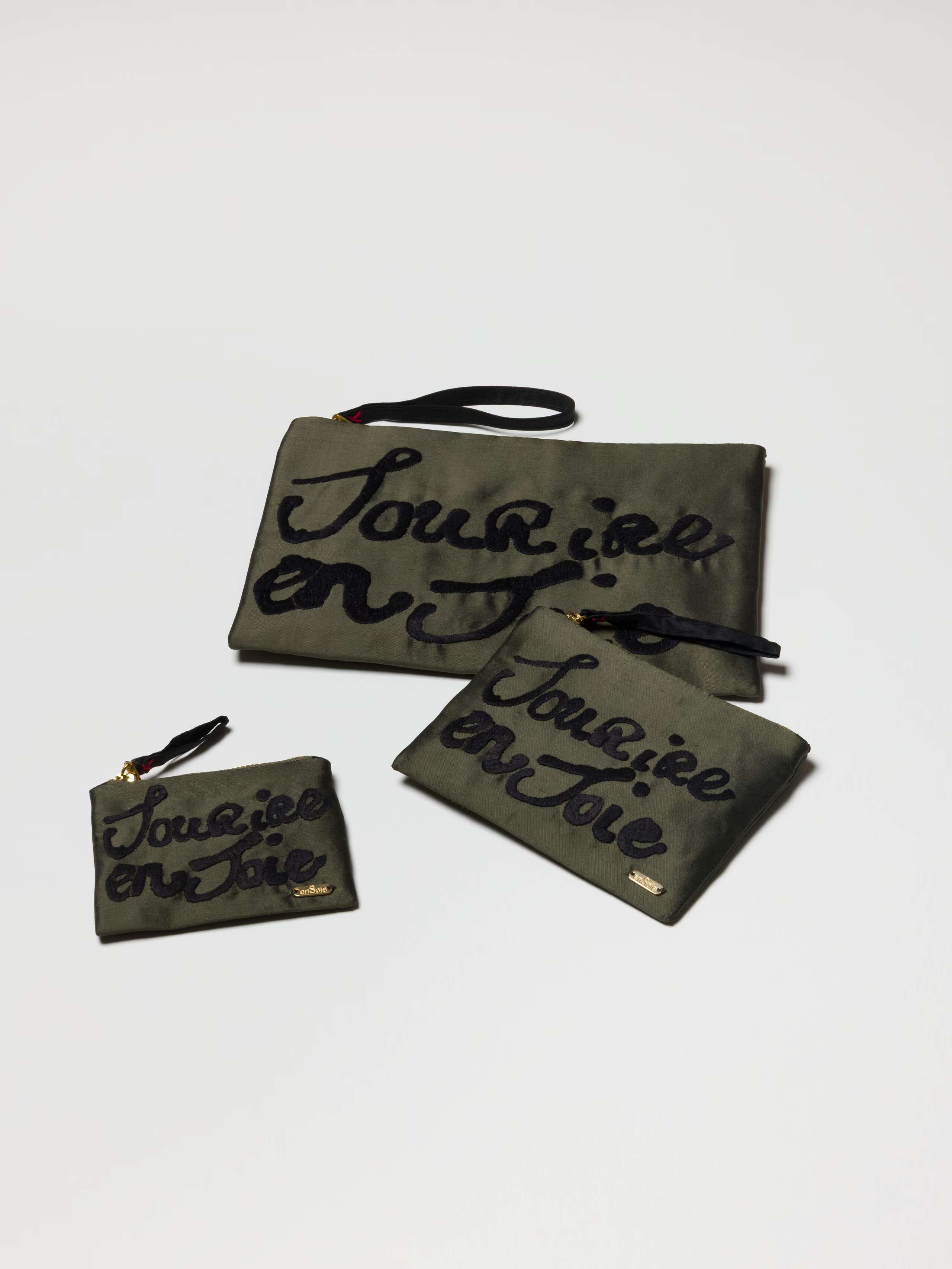 Product Shot of all 3 Proverb Clutches in Khaki Green 