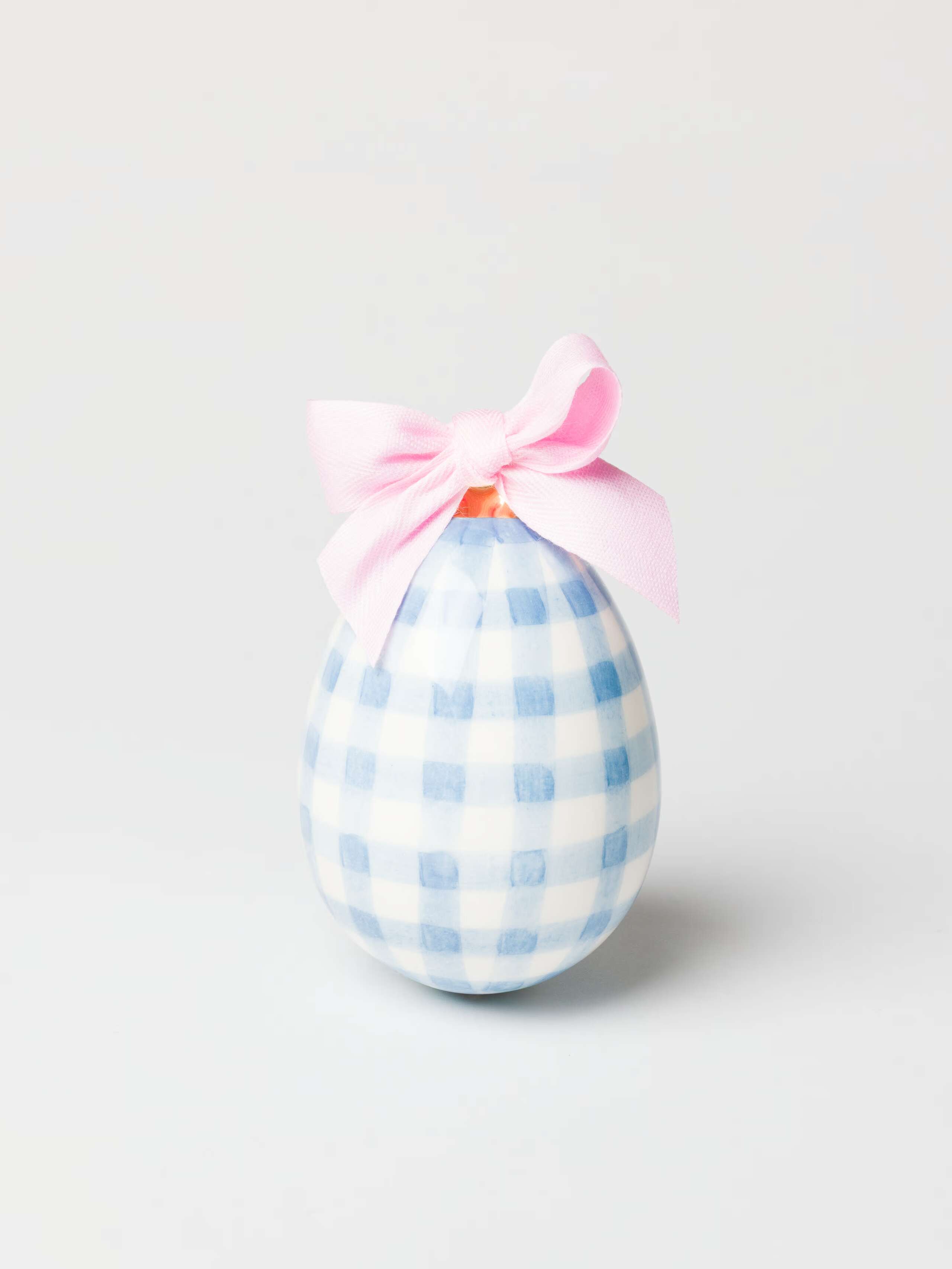 Product Shot of Vichy Egg Ornament (L) in Cerulean Blue with Pink Cotton Bow 