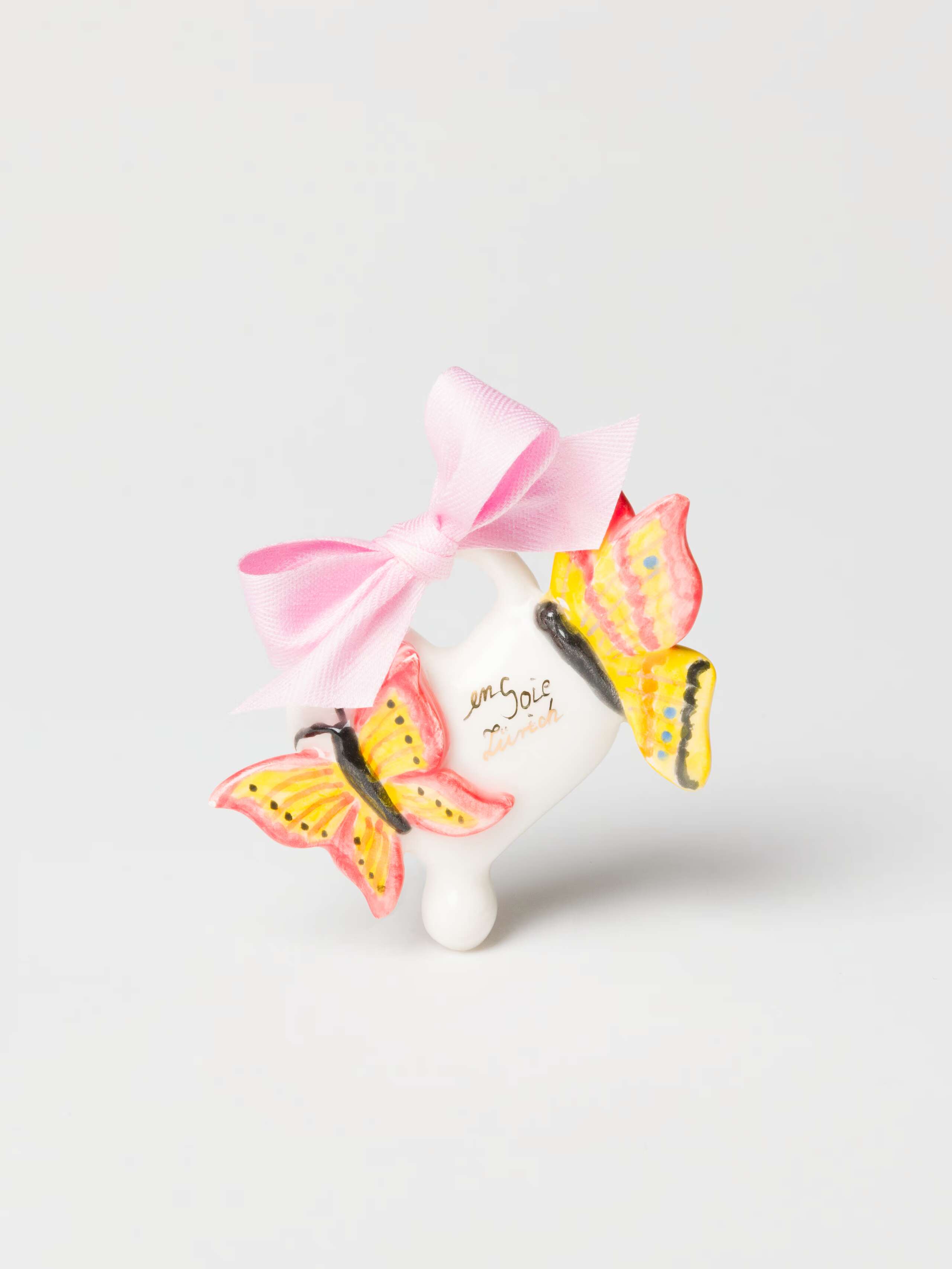 Product Shot of White Heart with Butterflies Ornament with Pink Cotton Bow 