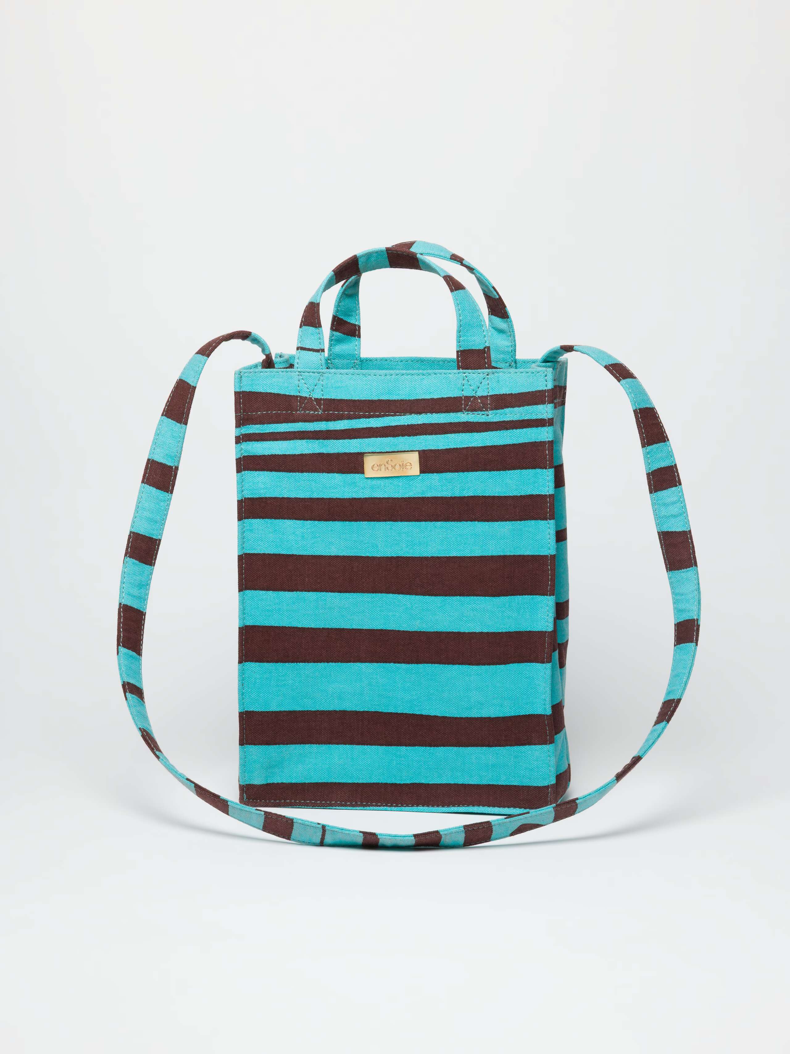 Product shot of S Striped Cabas Bag in Turquoise with Brown and strap showing 