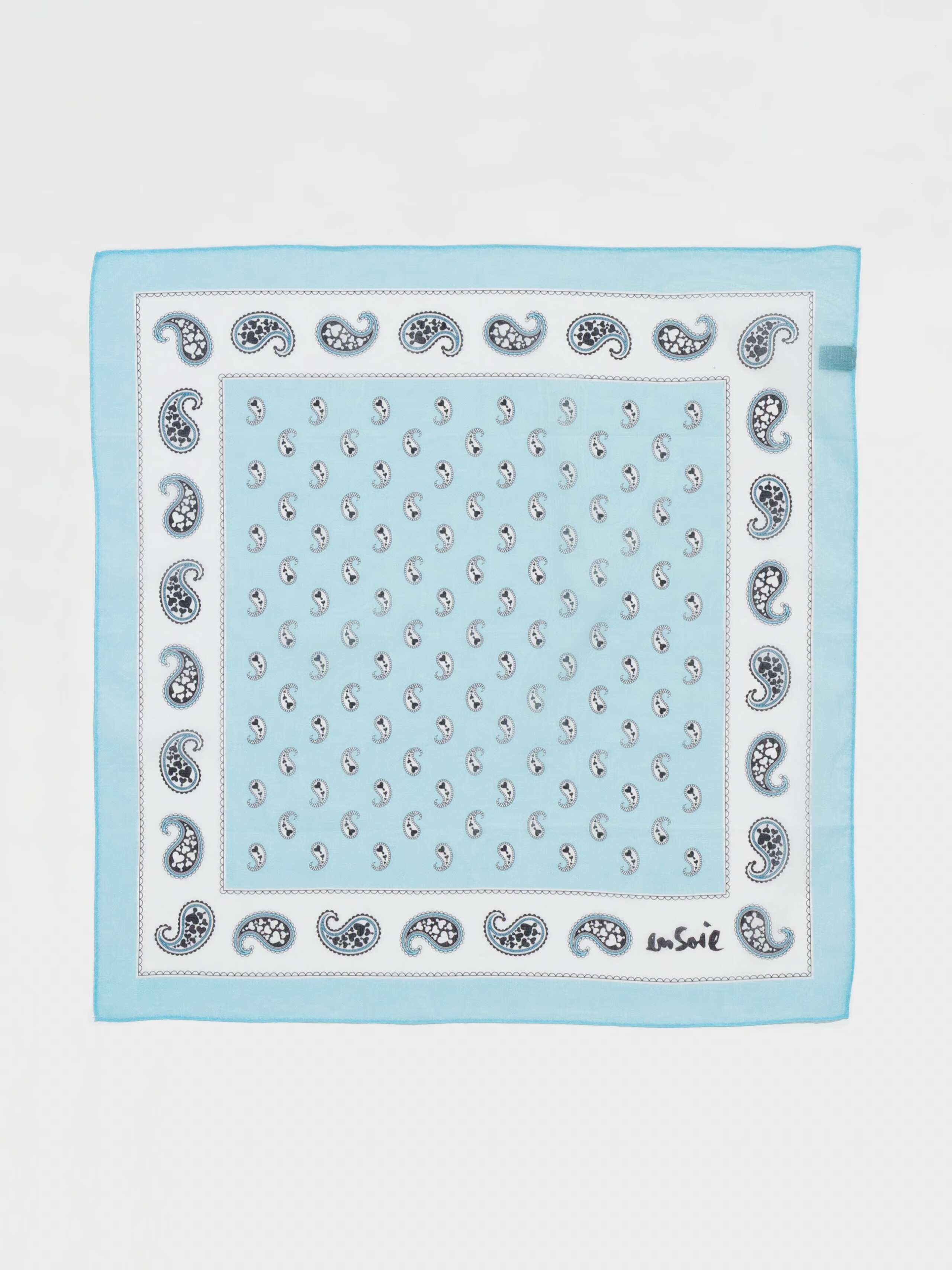 Product Shot of Carre Foulard Paisley Print in Glacier Blue 
