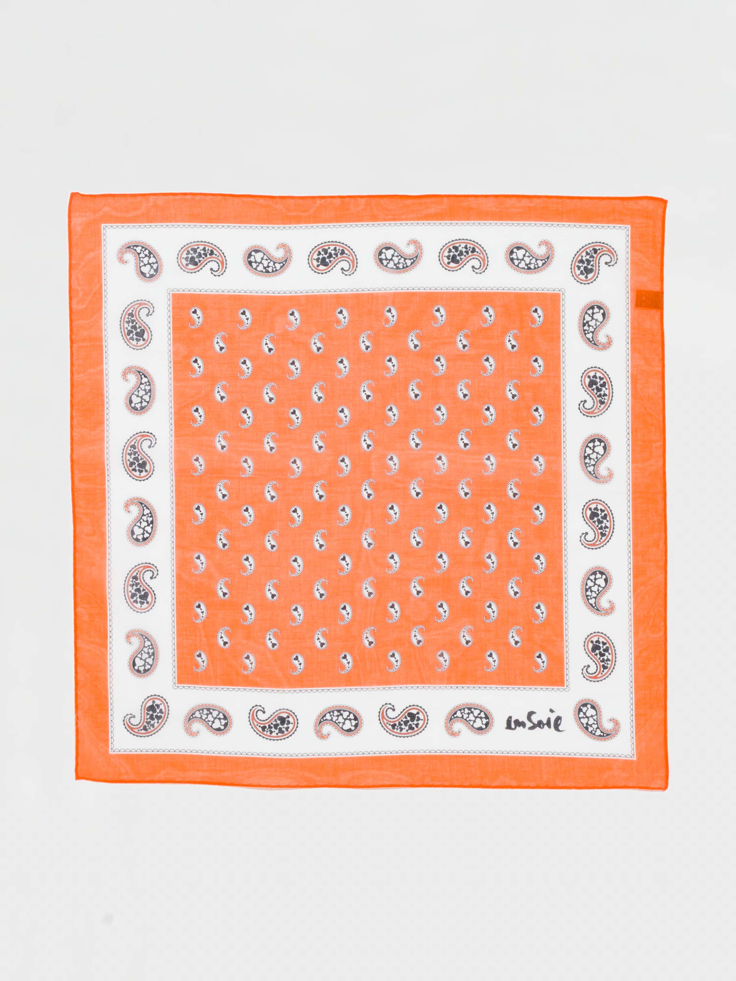 Product Shot of Carre Foulard Paisley Print in Sunburst Orange 