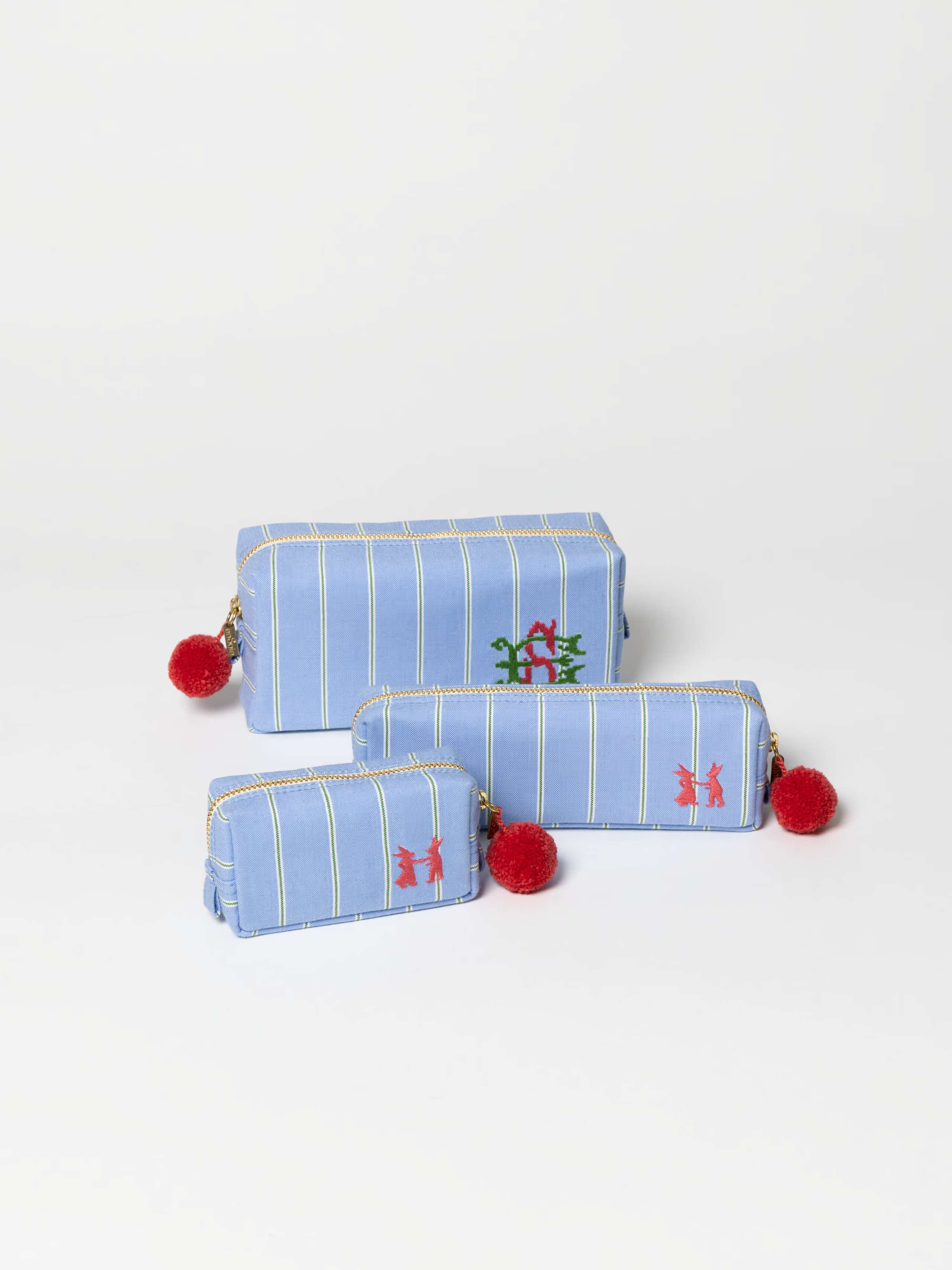 Product Shot of all sizes Linda Toiletry bag in Oxford Stripes Blue 