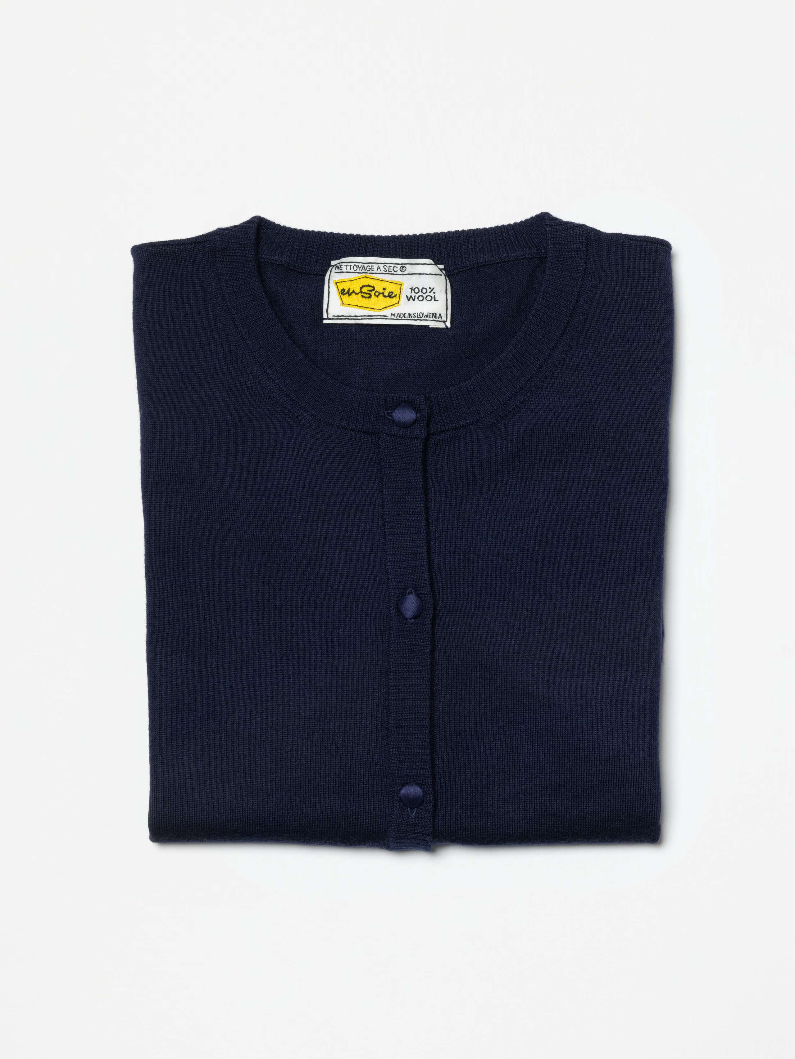 Product Shot of folded Bea cardigan in Zurich Navy