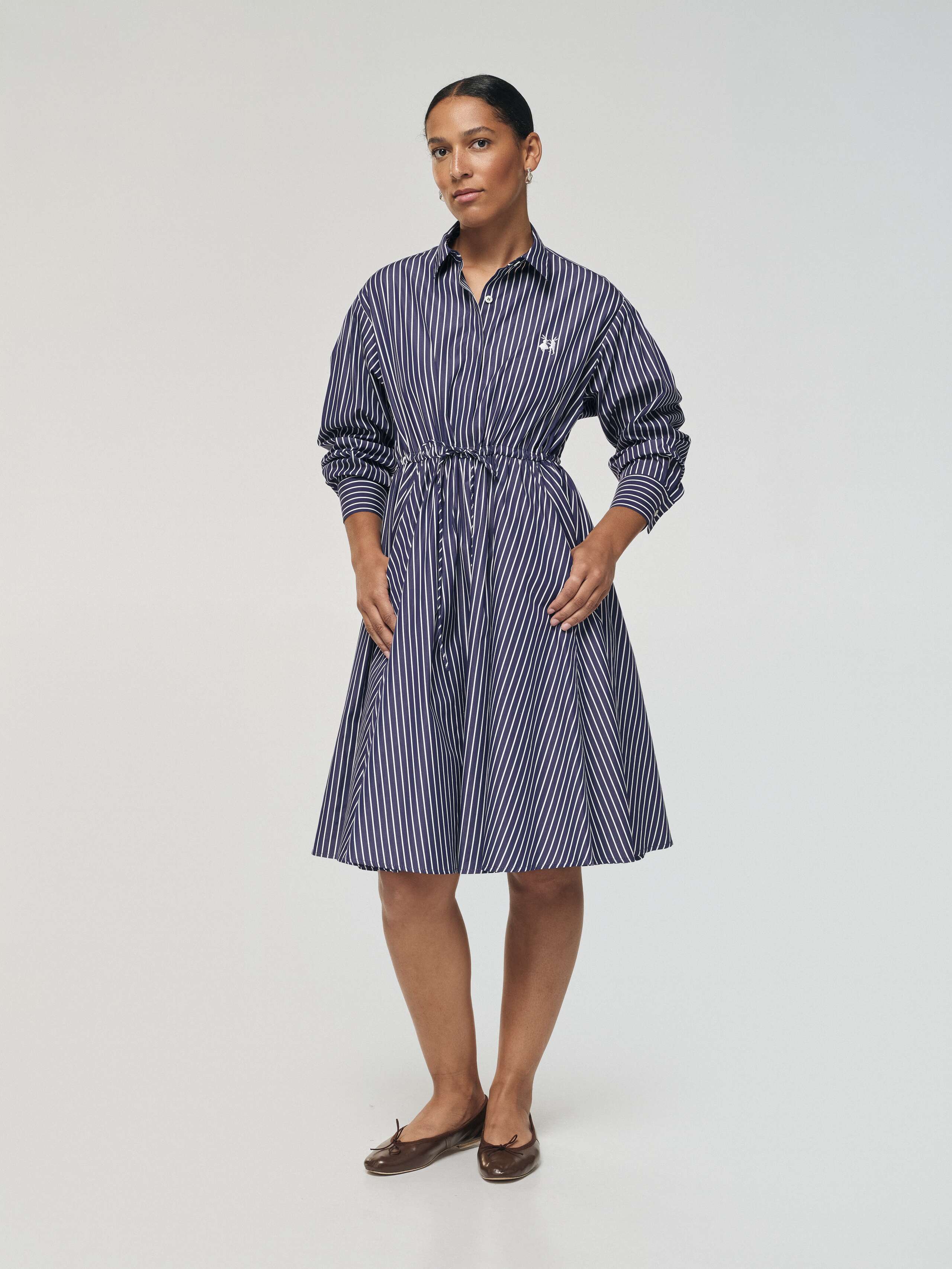 Juniper poplin dress in navy stripes