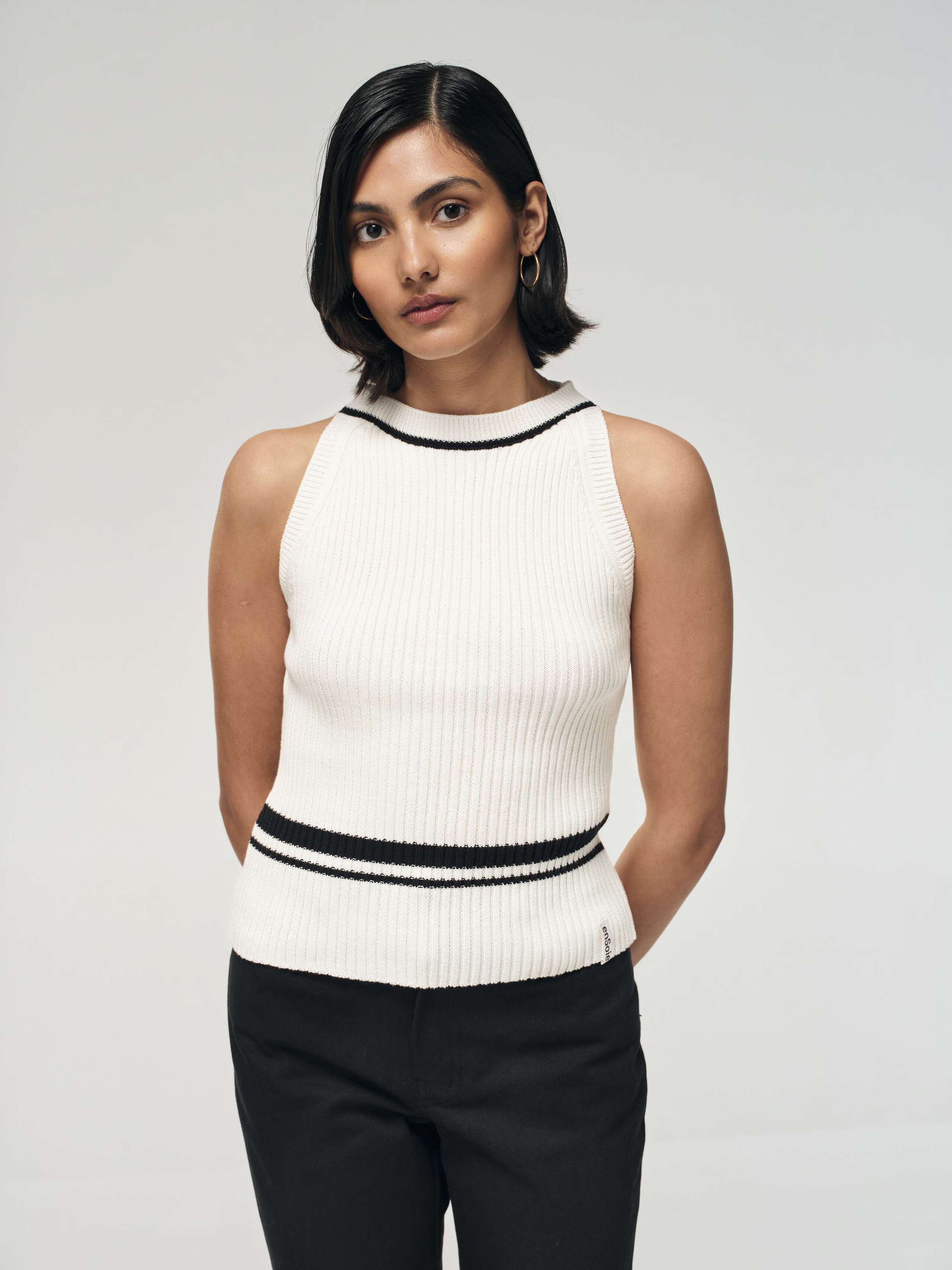 Knit halter tank in white with black detail