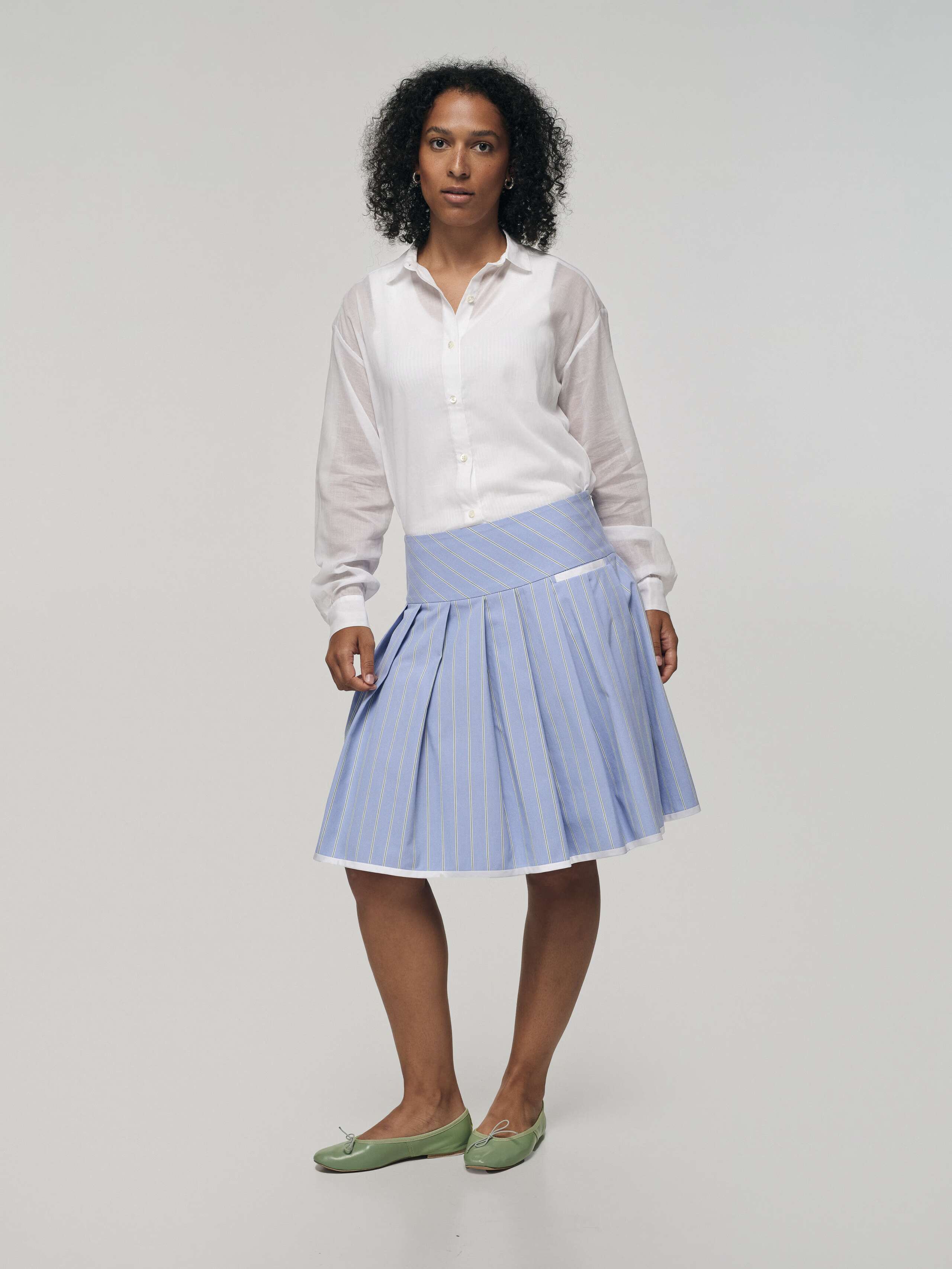 Front Shot of Pine Skirt in Oxford Stripes in Lt. Blue
