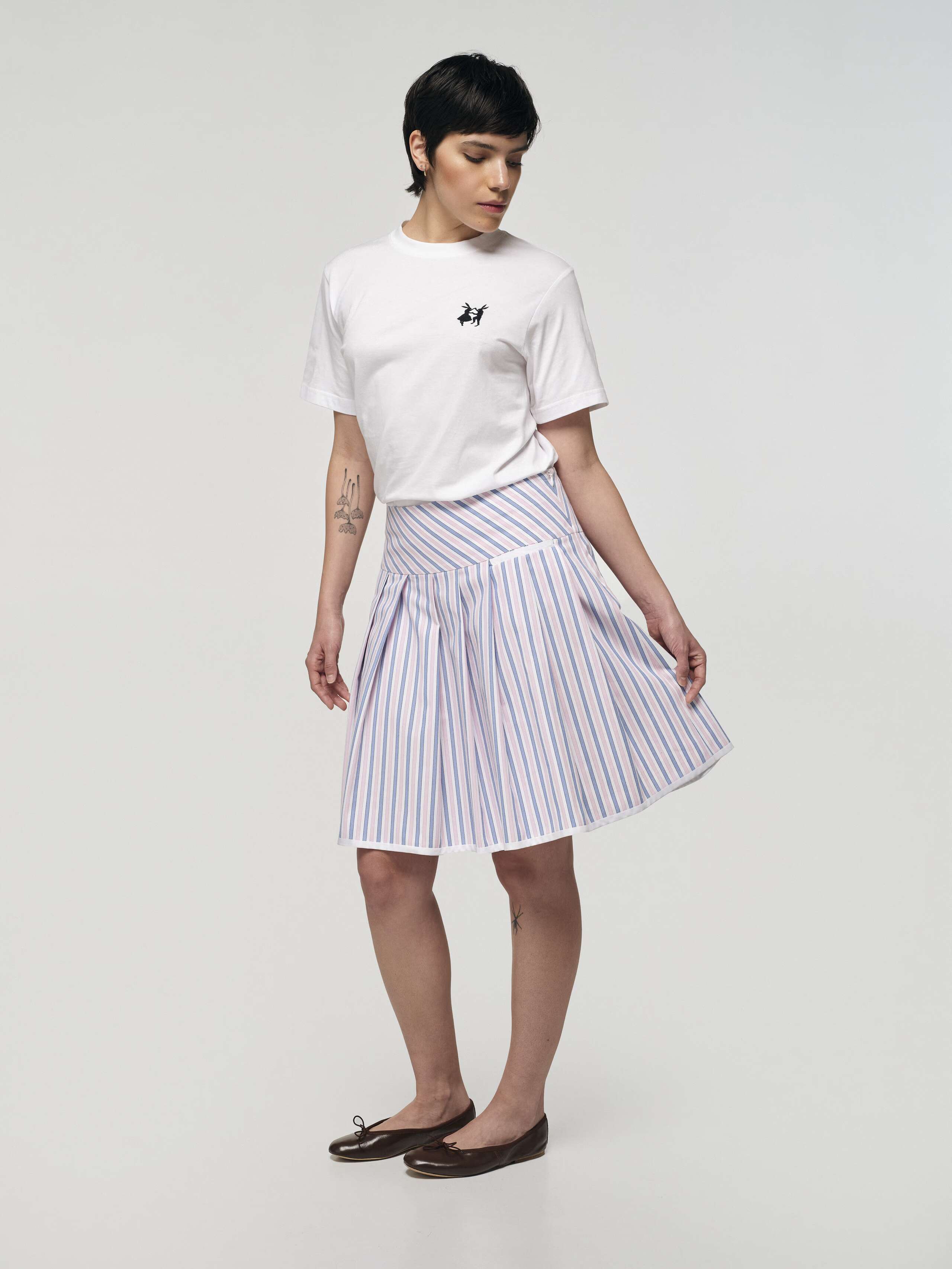 Front Shot of Pine Skirt in Oxford Stripes in Pink